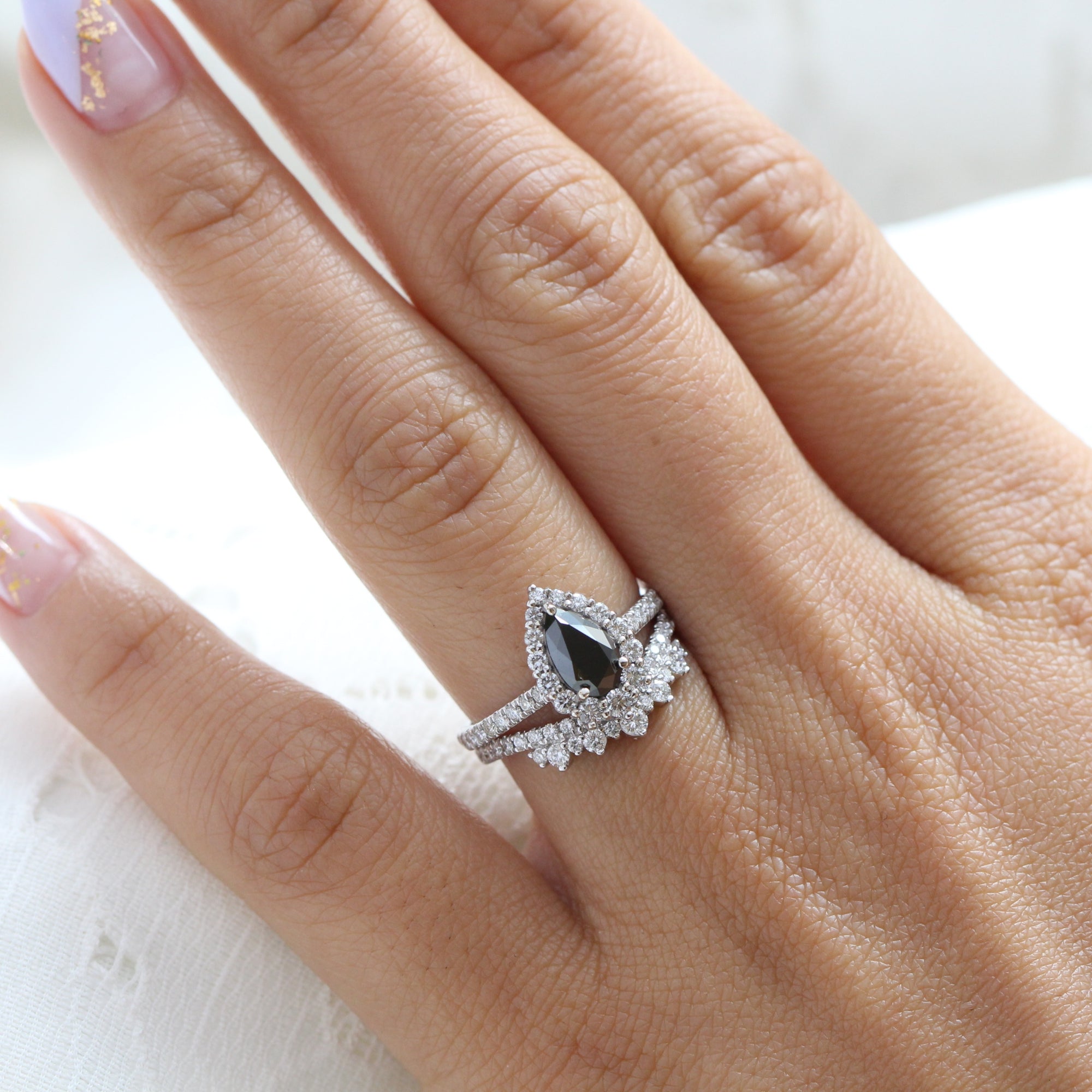 Pear black diamond engagement ring white gold u shaped diamond wedding band bridal ring set la more design jewelry