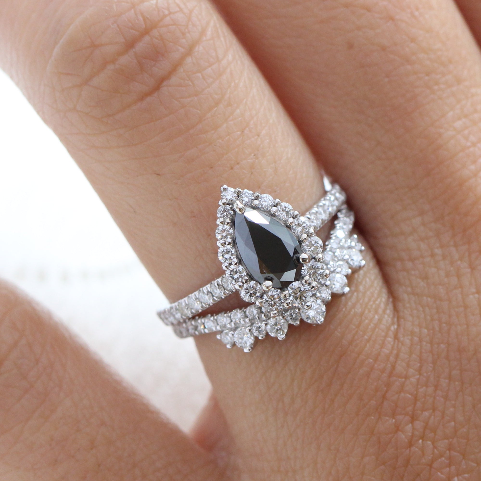 Pear black diamond engagement ring white gold u shaped diamond wedding band bridal ring set la more design jewelry