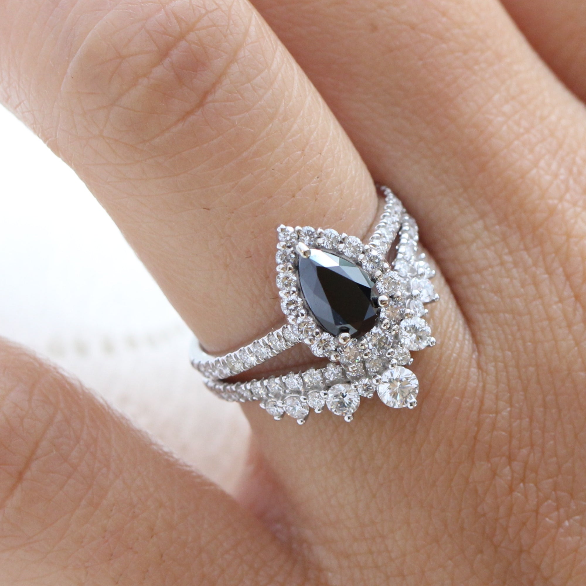 Pear black diamond engagement ring white gold v shaped diamond wedding band bridal ring set la more design jewelry