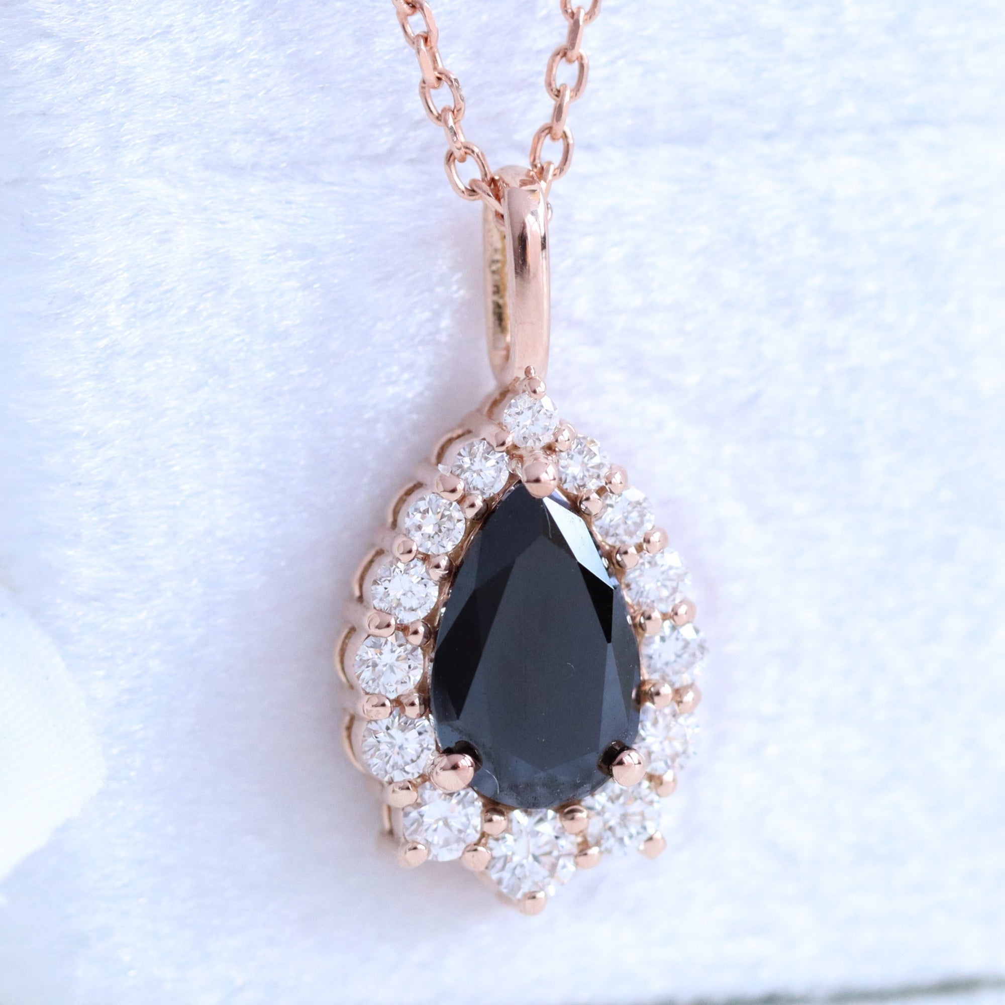 Pear Cut Black Diamond Pendant Rose Gold Halo Diamond Drop