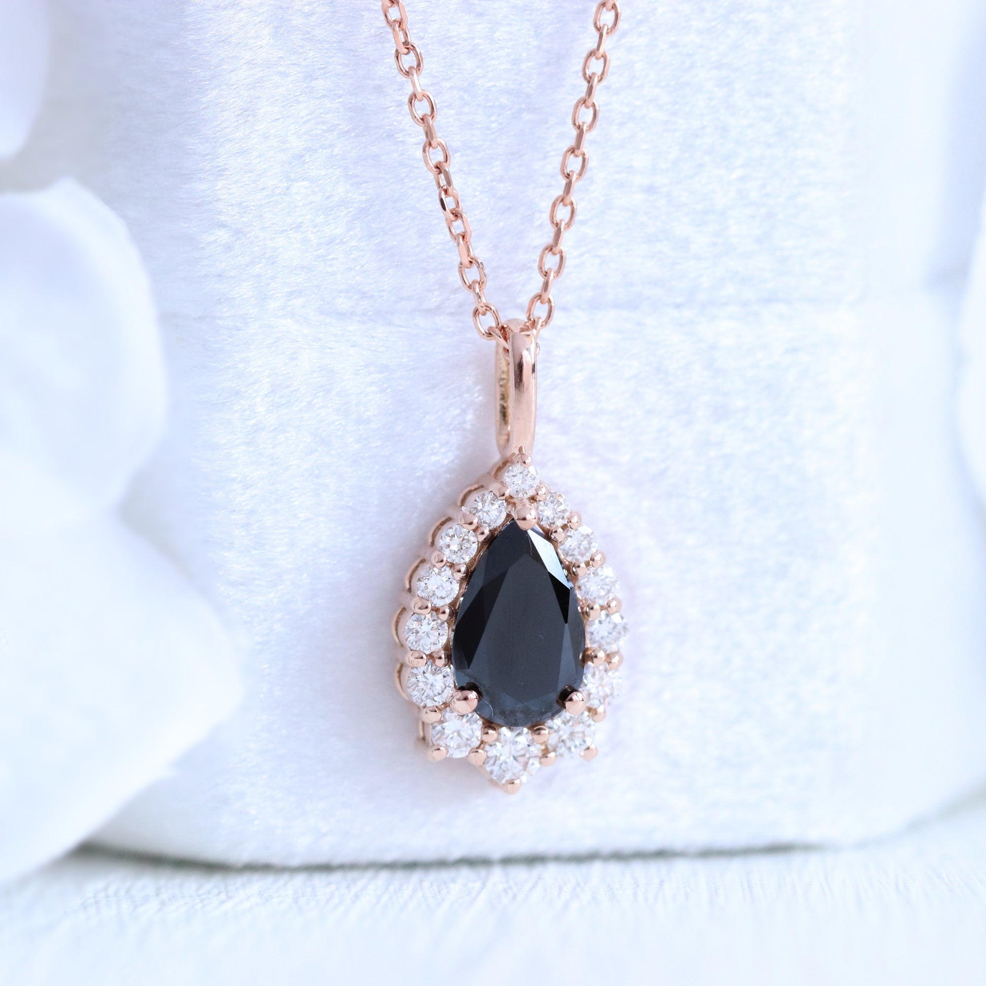 Pear black diamond necklace rose gold halo style black diamond drop pendant necklace la more design jewelry