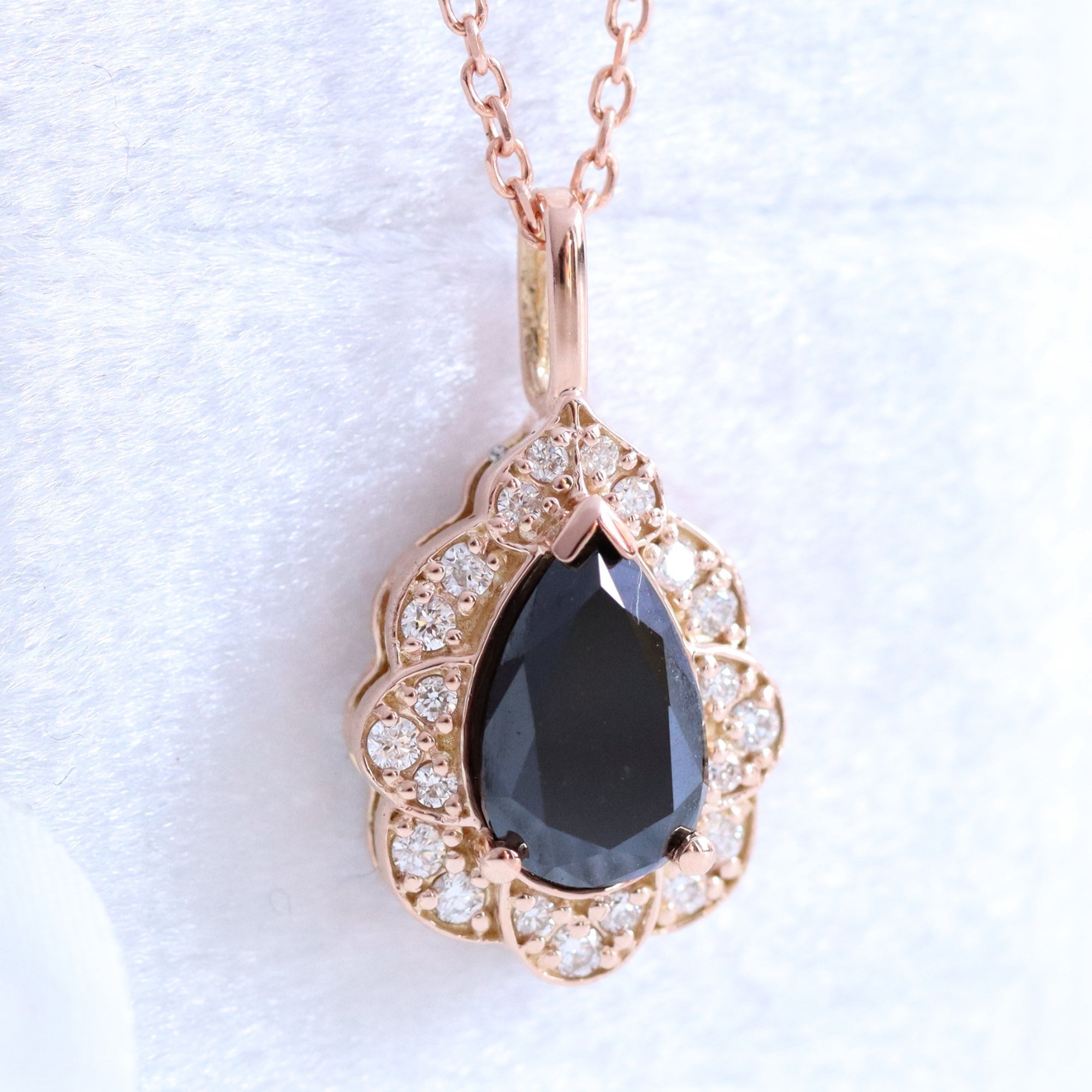 Vintage Halo Pear Black Diamond Pendant Rose Gold Drop Necklace