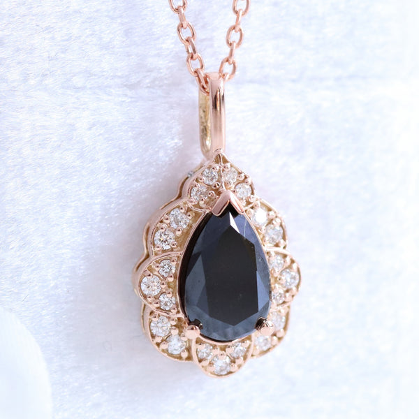 Vintage Halo Pear Black Diamond Pendant Rose Gold Drop Necklace | La More  Design