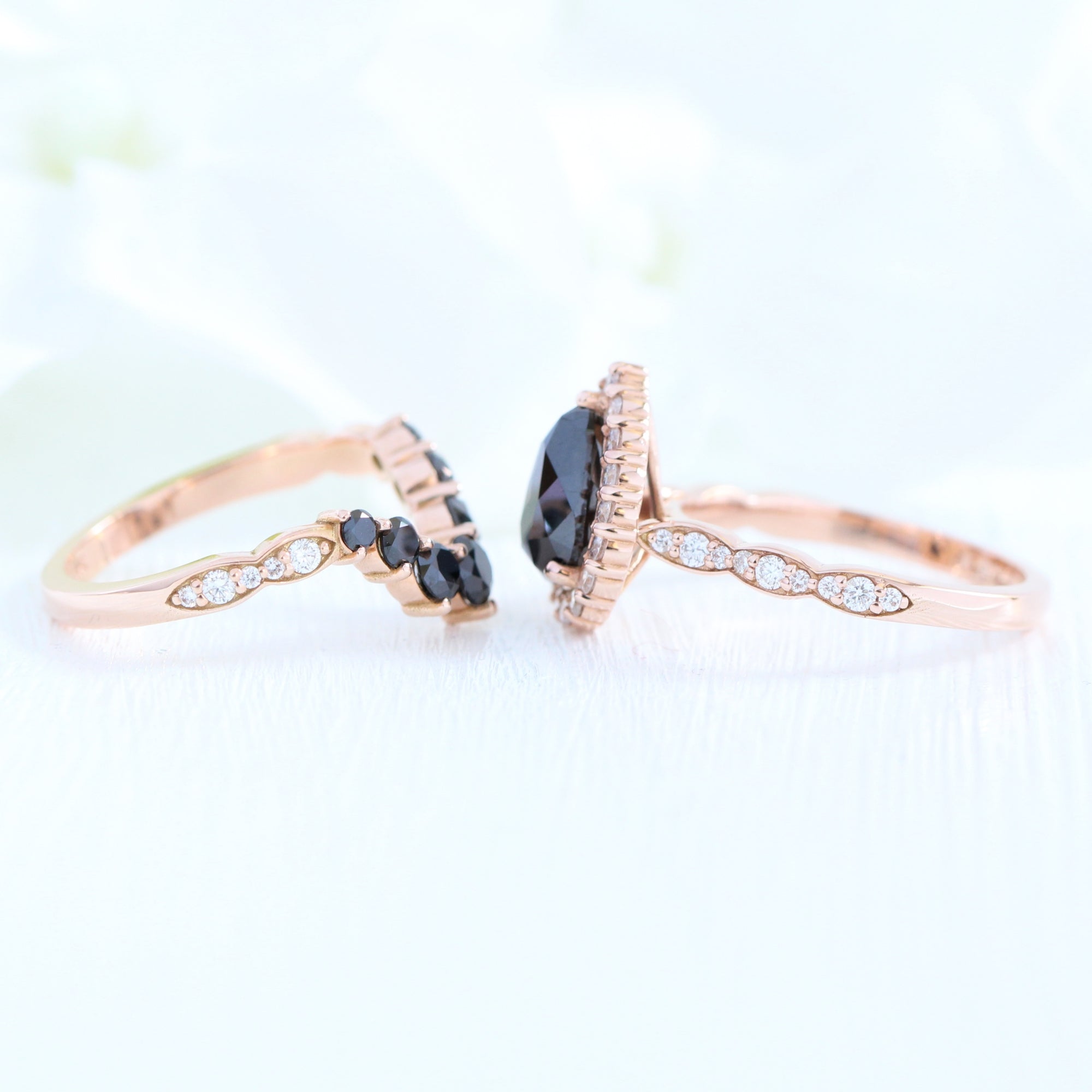 Pear black diamond ring rose gold U shaped large diamond wedding band bridal set la more design jewelry
