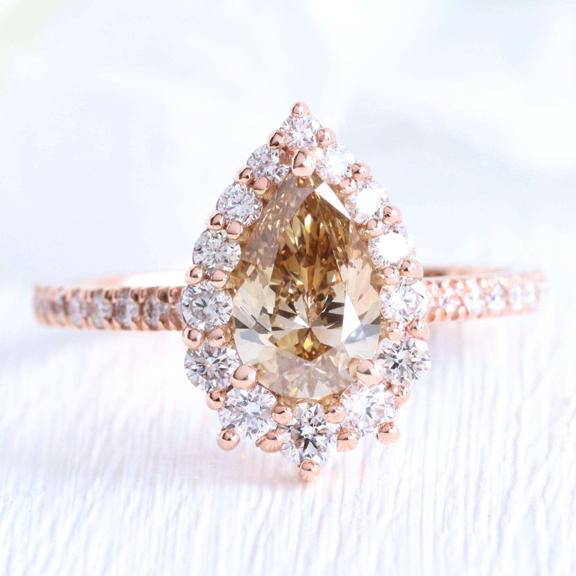 Natural Pear Champagne Diamond Ring 14k Rose Gold Halo Cluster