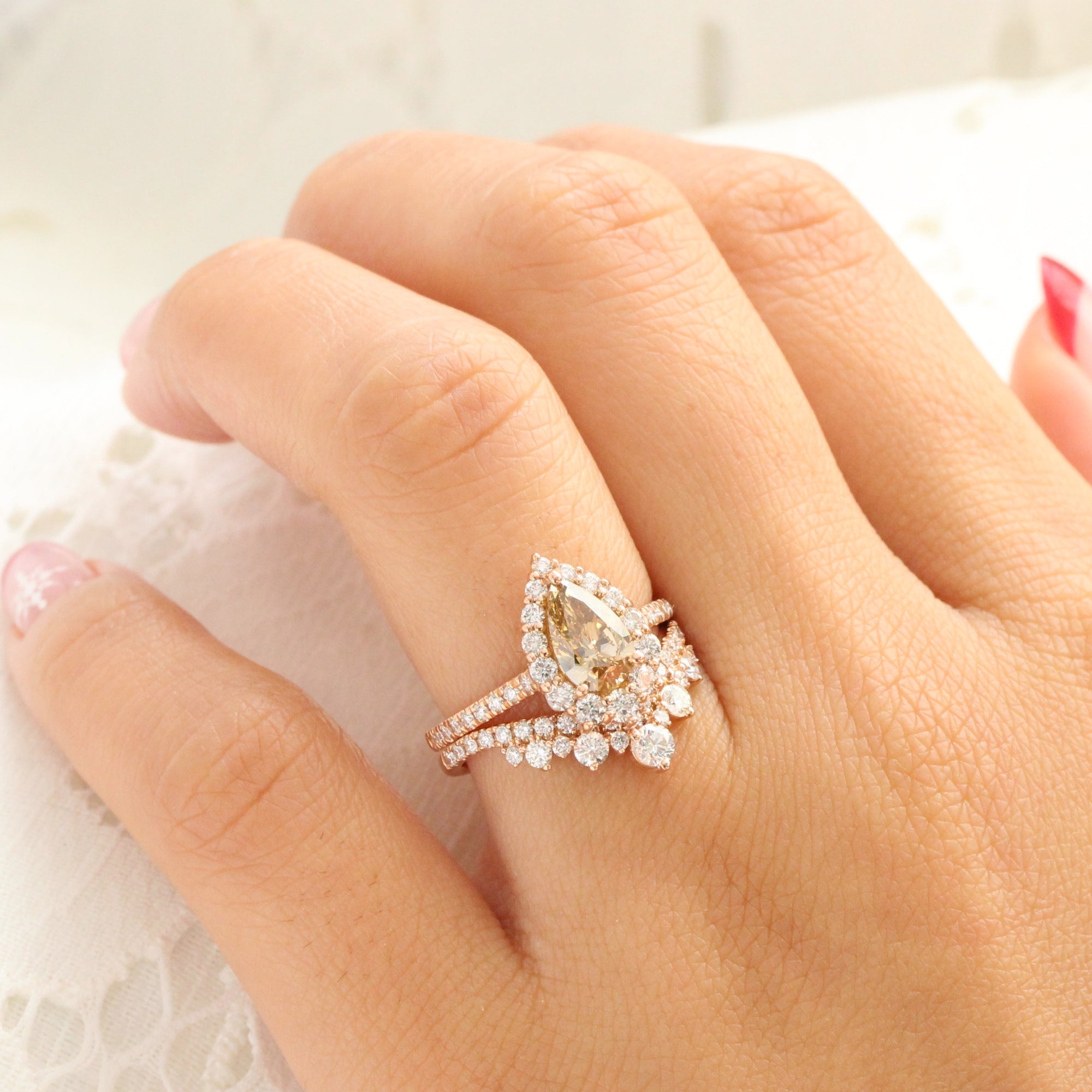 Pear champagne diamond ring rose gold halo engagement ring la more design jewelry