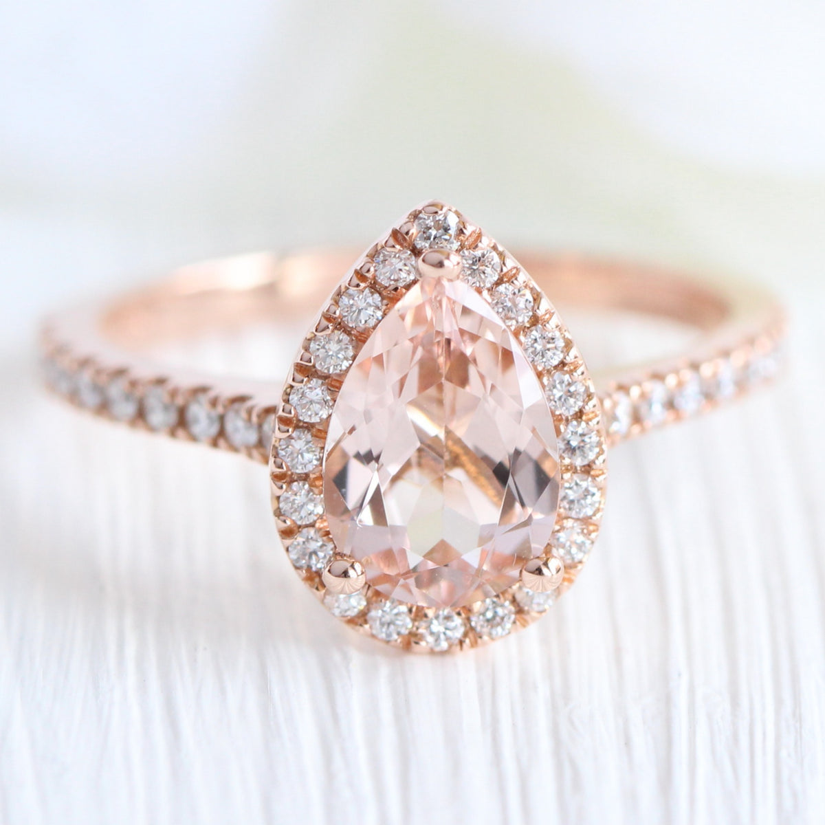 Pear cut morganite engagement ring rose gold halo diamond ring la more design jewelry