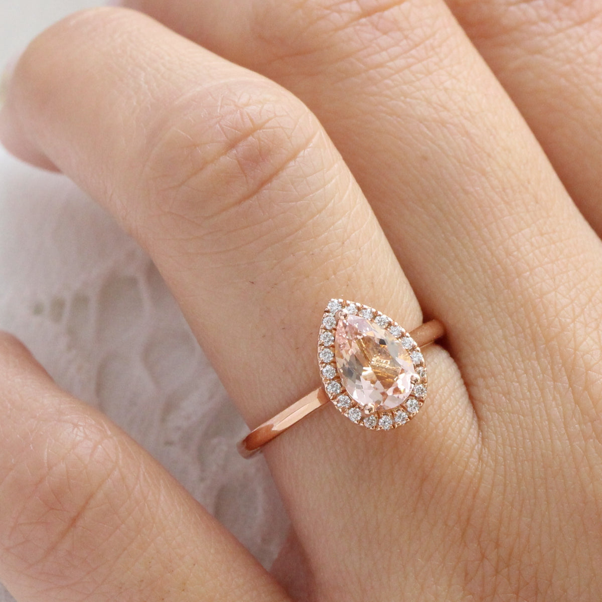 Pear cut morganite engagement ring rose gold halo diamond ring la more design jewelry