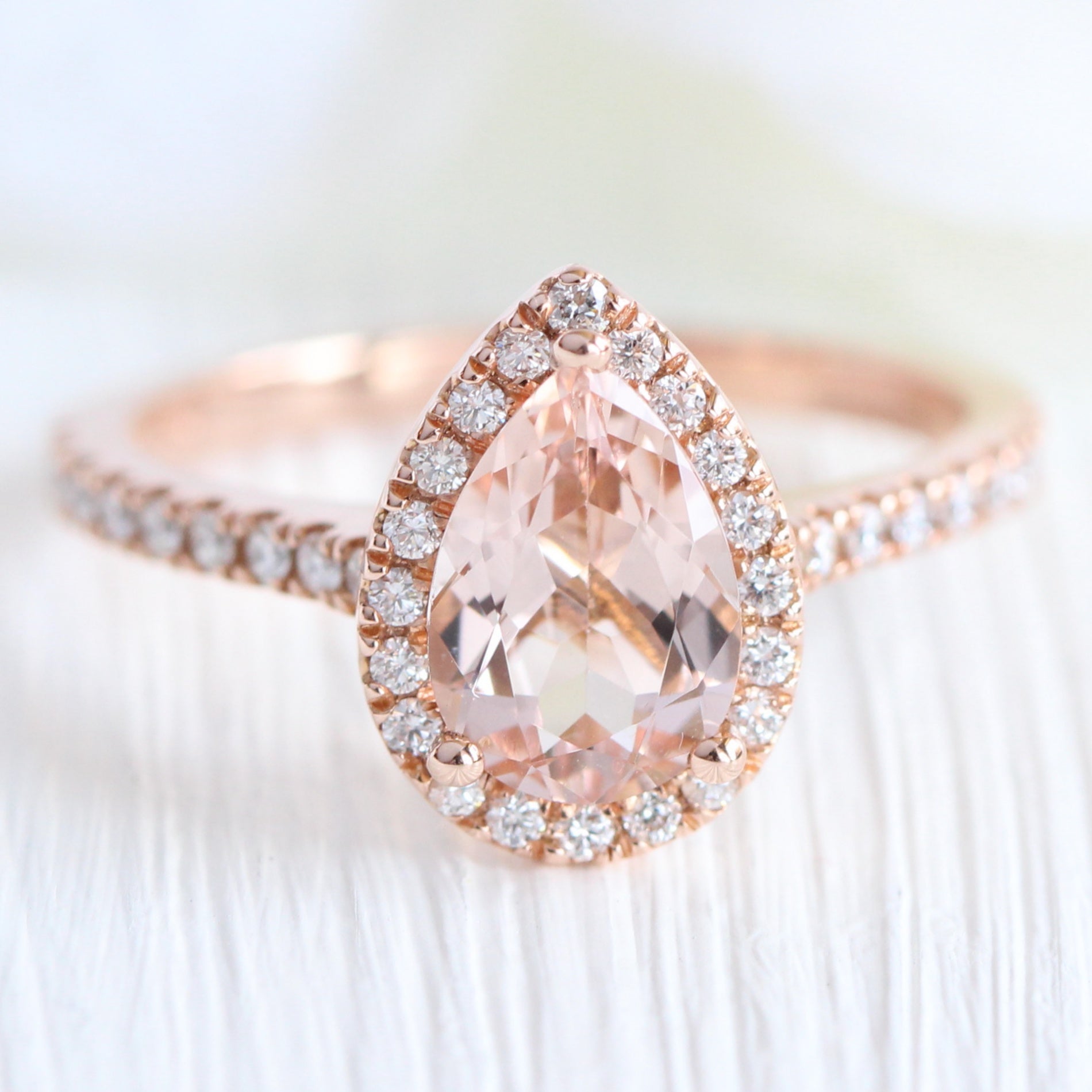 Halo Diamond Pear Morganite Engagement Ring in Rose Gold Pavé Band 14K White Gold / 10.5