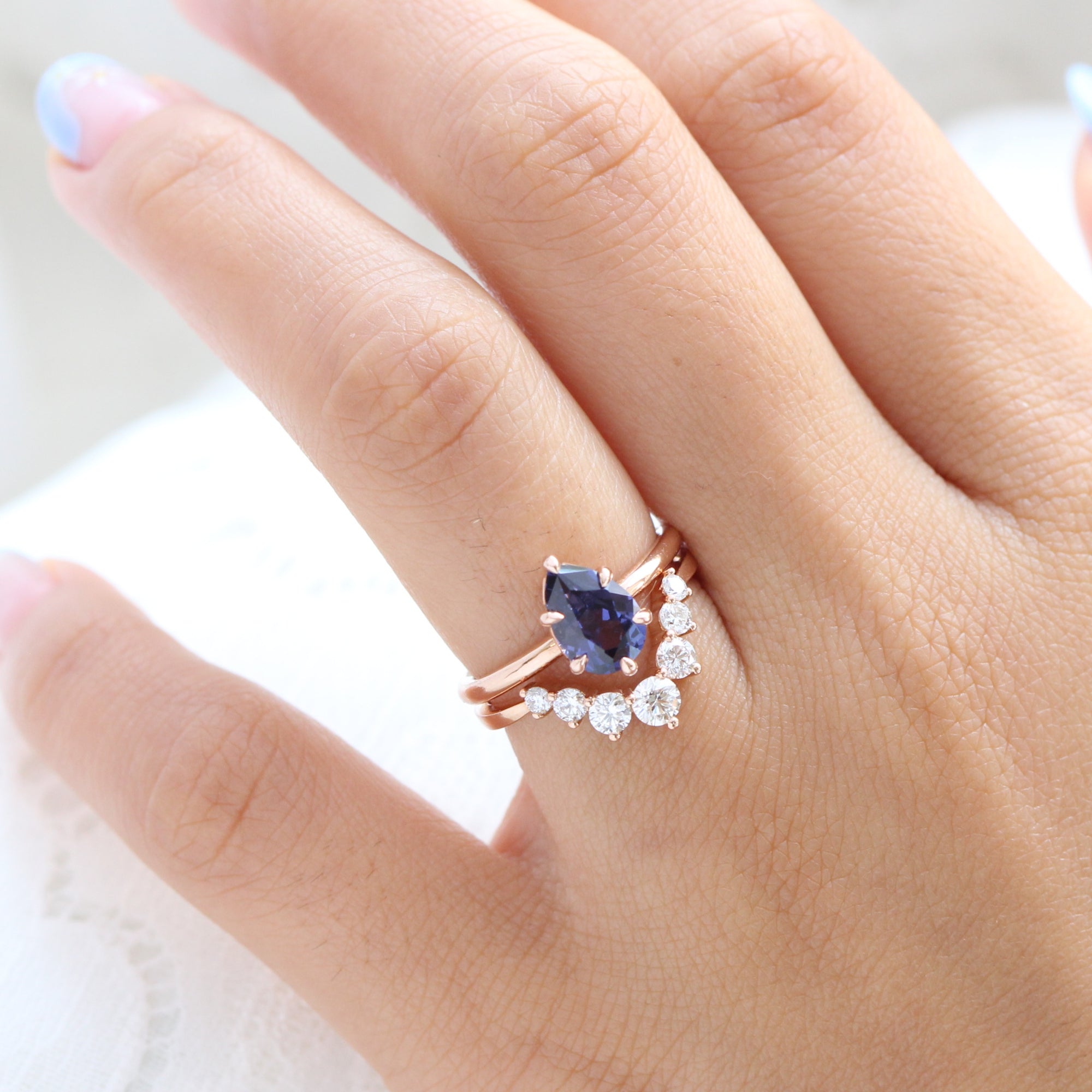 Pear cut purple blue sapphire ring rose gold low setting solitaire engagement ring la more design jewelry