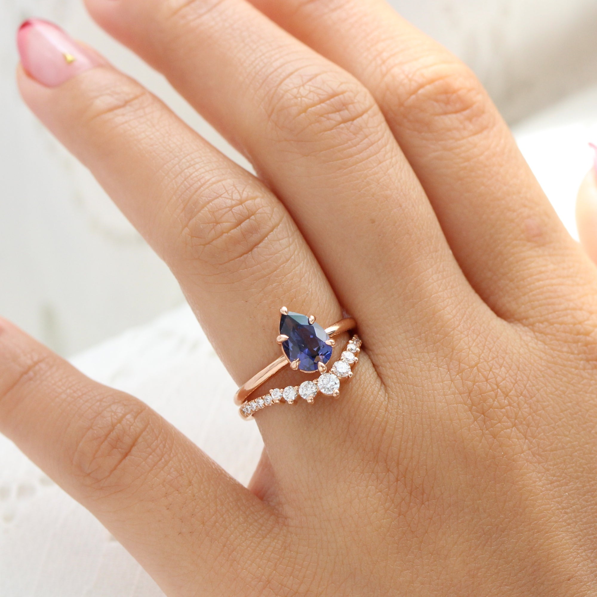 Pear cut purple blue sapphire ring rose gold low setting solitaire engagement ring la more design jewelry