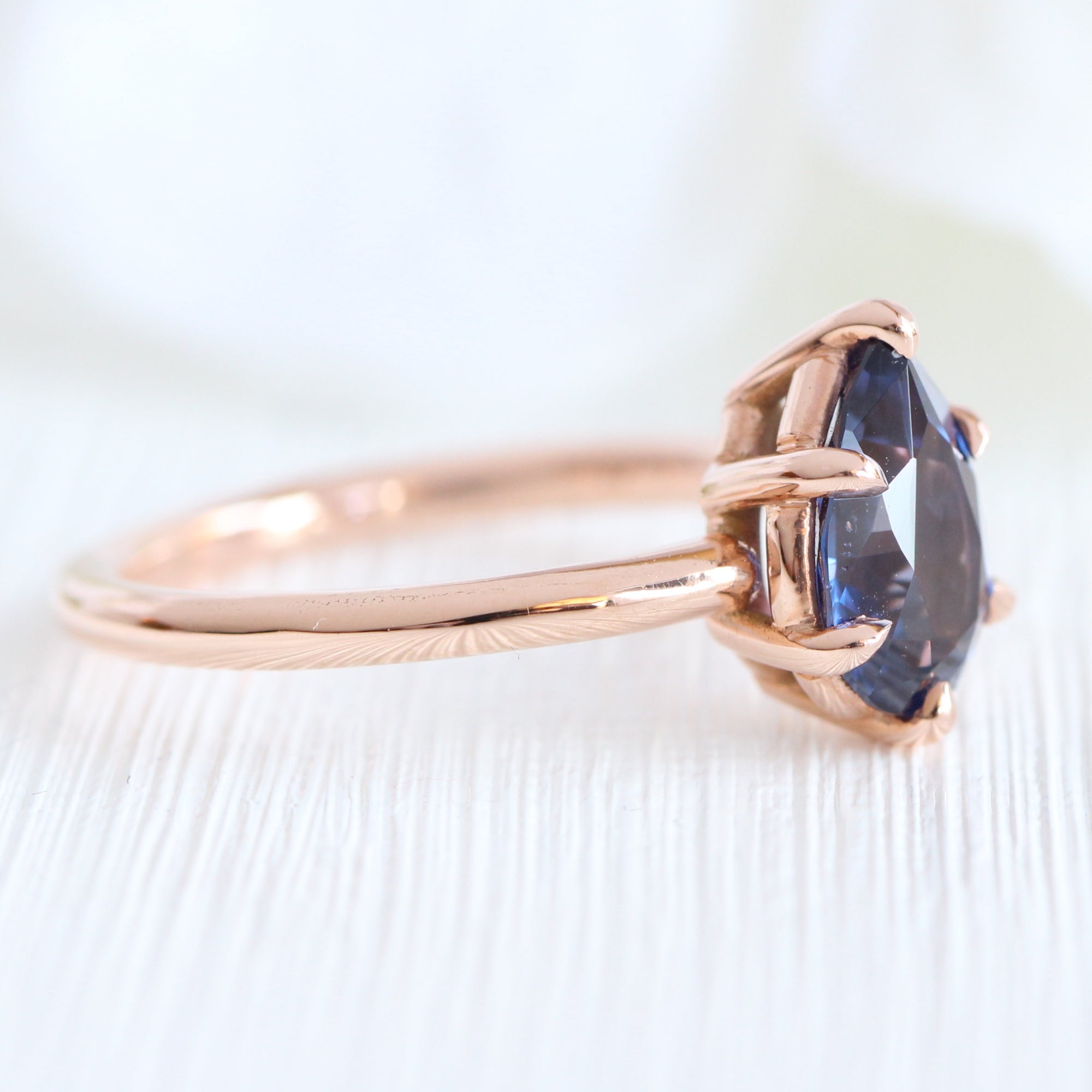 Pear cut purple blue sapphire ring rose gold low setting solitaire engagement ring la more design jewelry