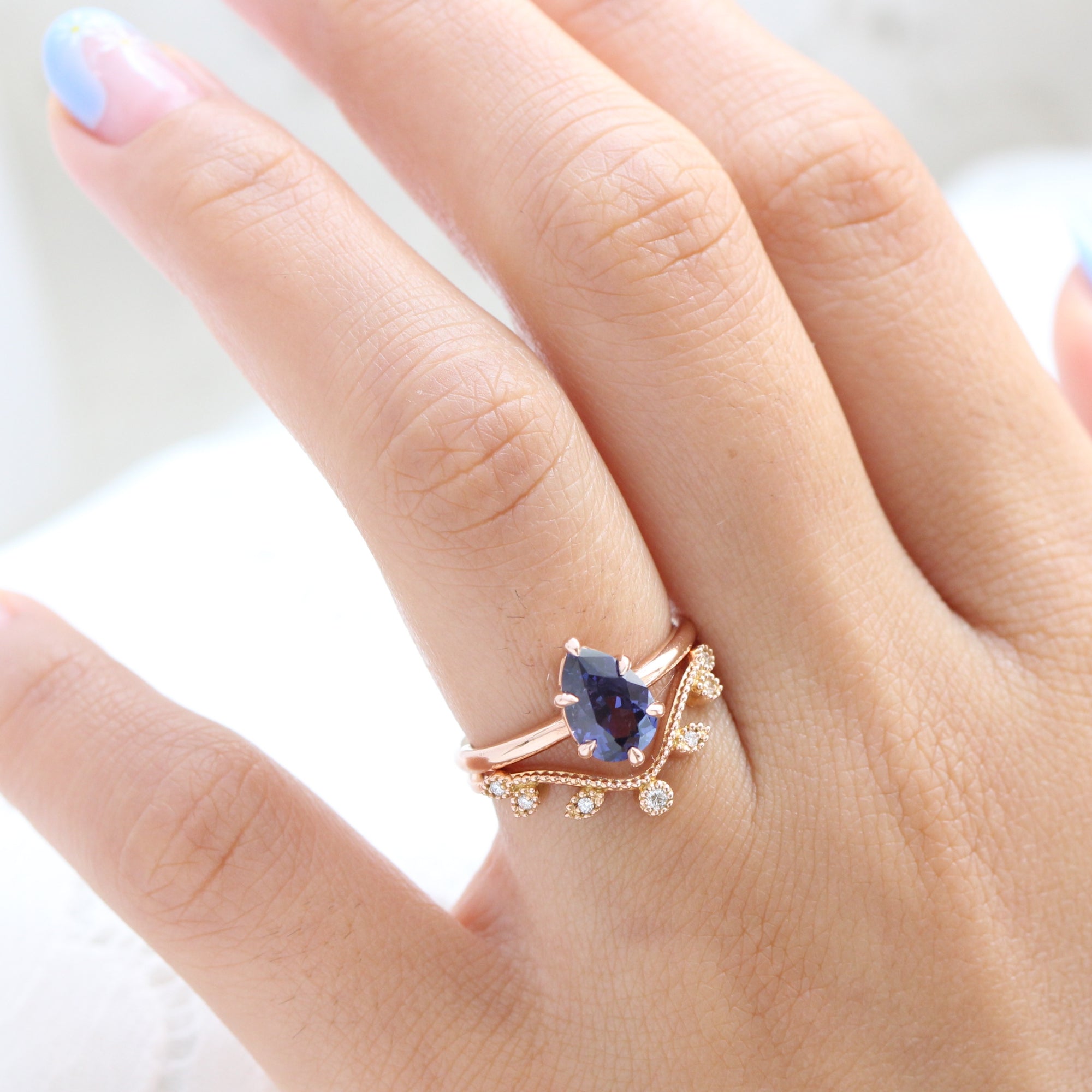 Pear cut purple blue sapphire ring rose gold low setting solitaire engagement ring la more design jewelry