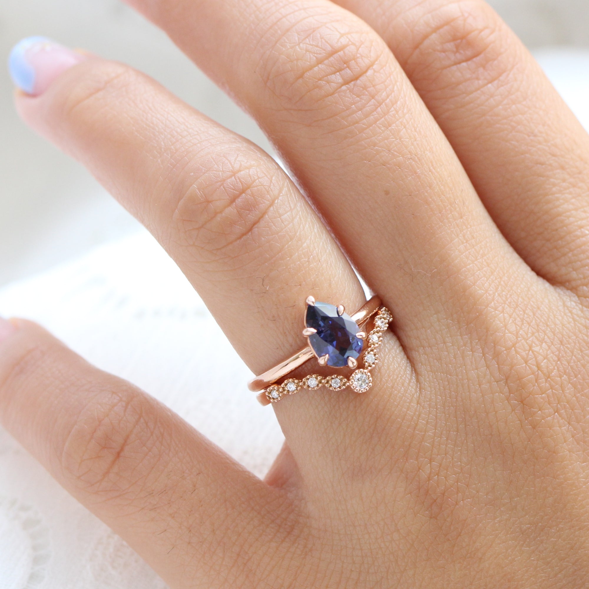 Pear cut purple blue sapphire ring rose gold low setting solitaire engagement ring la more design jewelry