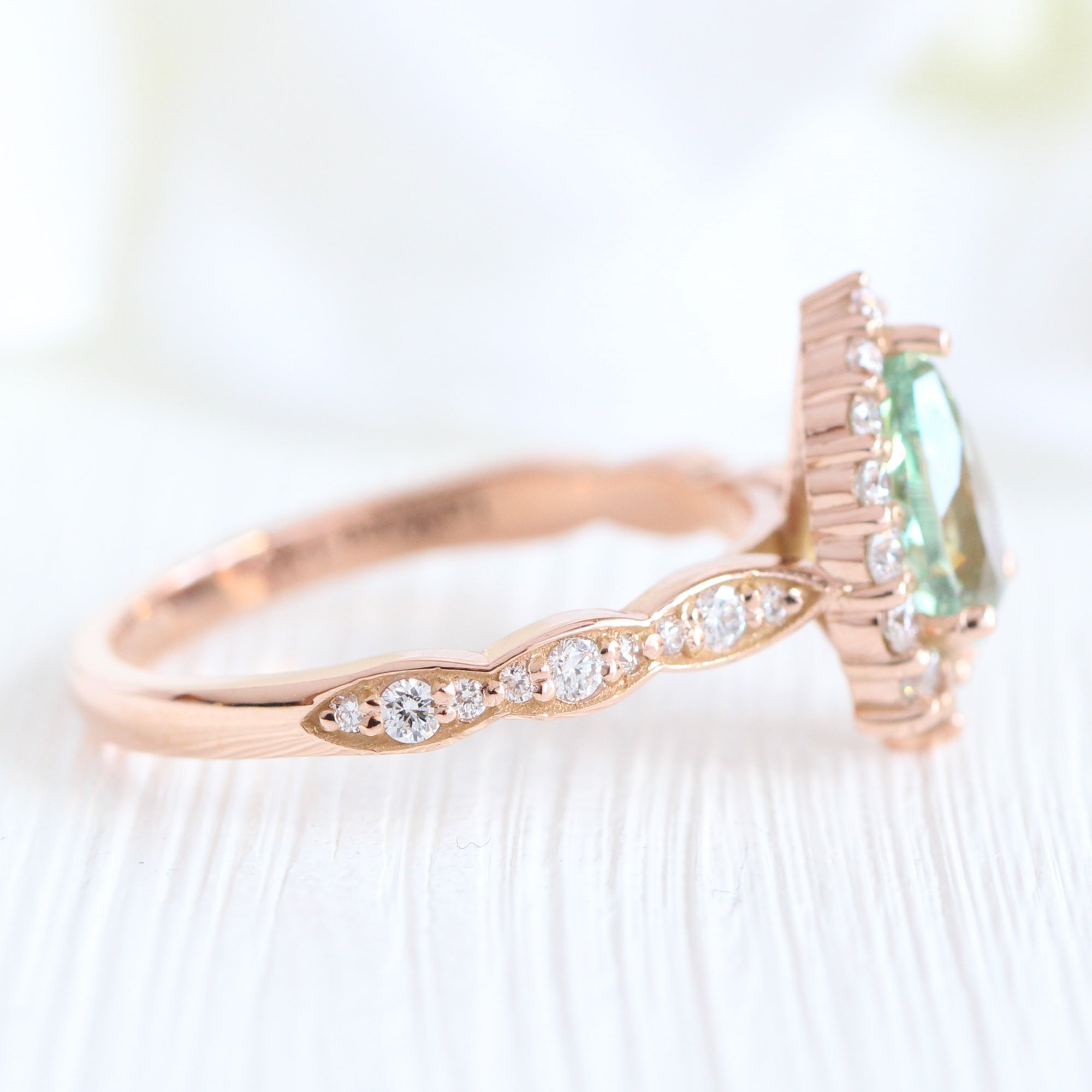 Pear green sapphire engagement ring rose gold halo diamond ring la more design jewelry