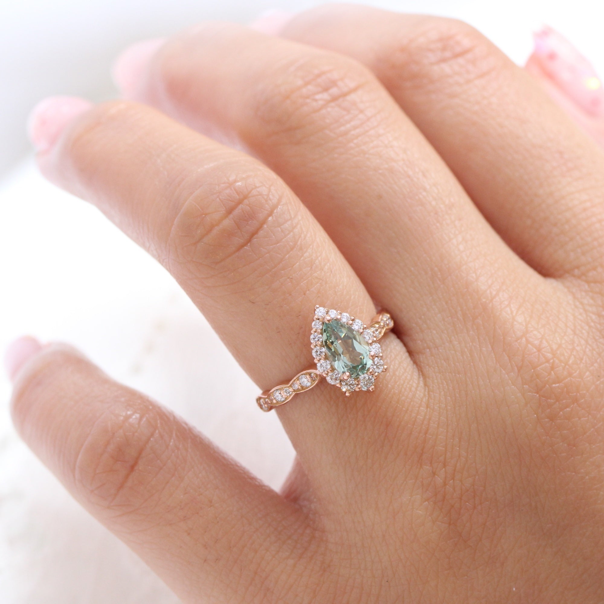 Pear green sapphire engagement ring rose gold halo diamond ring la more design jewelry