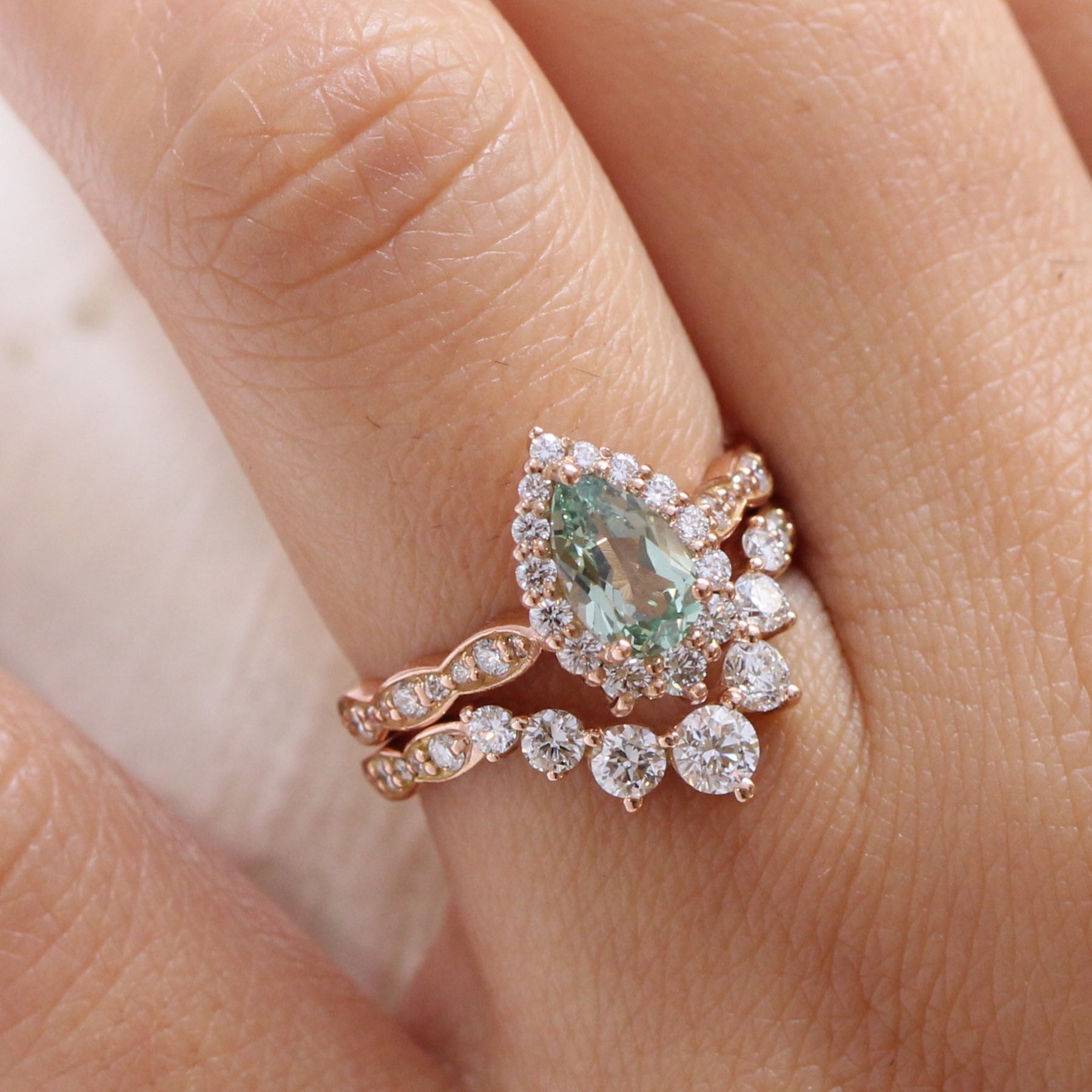 Pear green sapphire ring rose gold deep curved diamond wedding band la more design jewelry