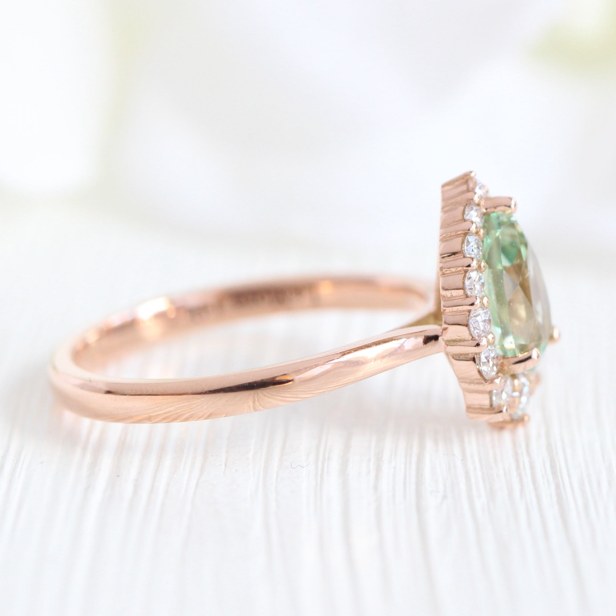 Pear green sapphire ring rose gold halo diamond ring la more design jewelry