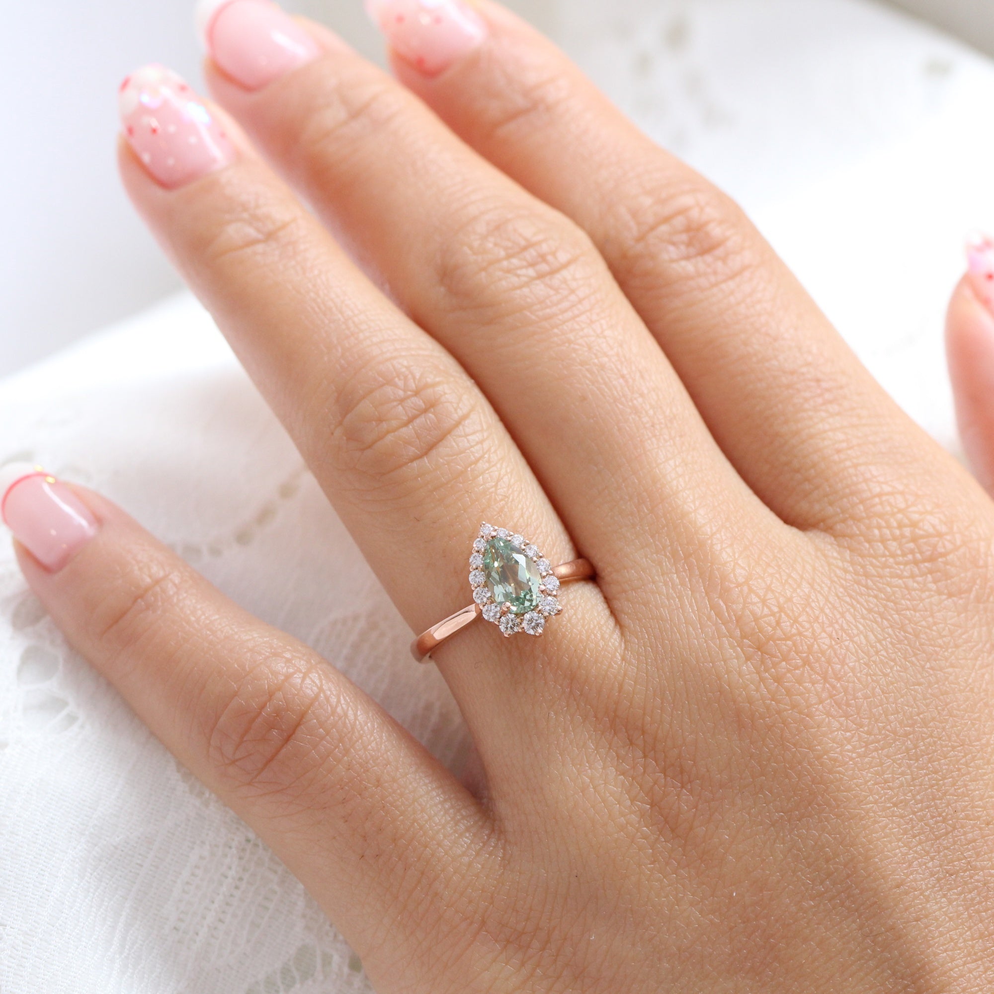 Pear green sapphire ring rose gold halo diamond ring la more design jewelry