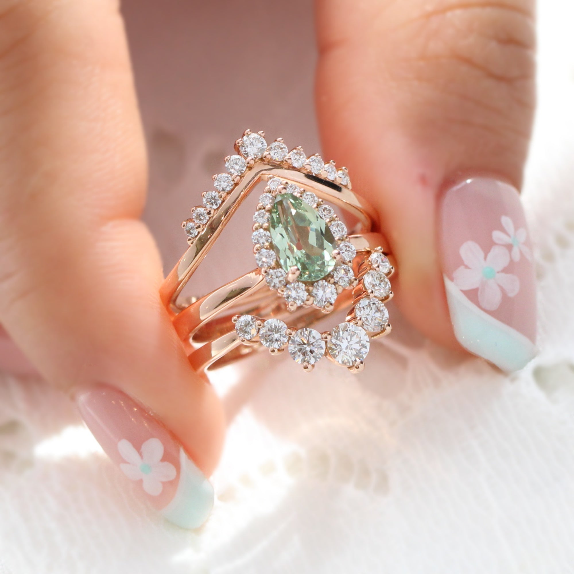 Pear green sapphire ring rose gold halo diamond ring stack la more design jewelry