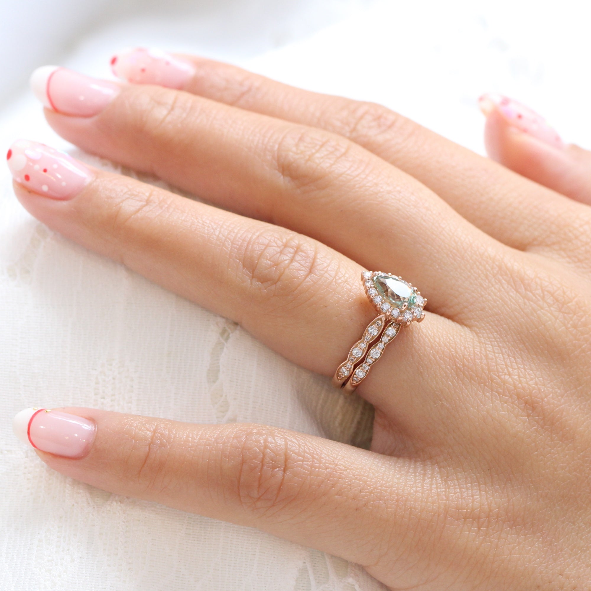 Pear green sapphire ring rose gold matching diamond wedding band la more design jewelry
