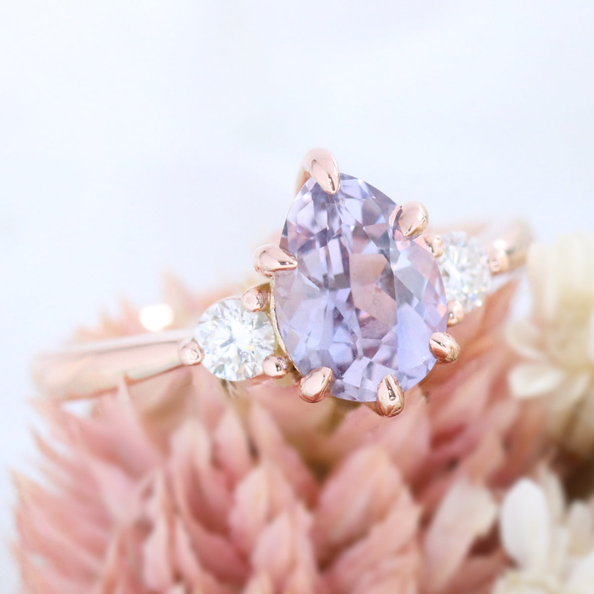 Pear lavender sapphire engagement ring rose gold 3 stone diamond ring la more design jewelry