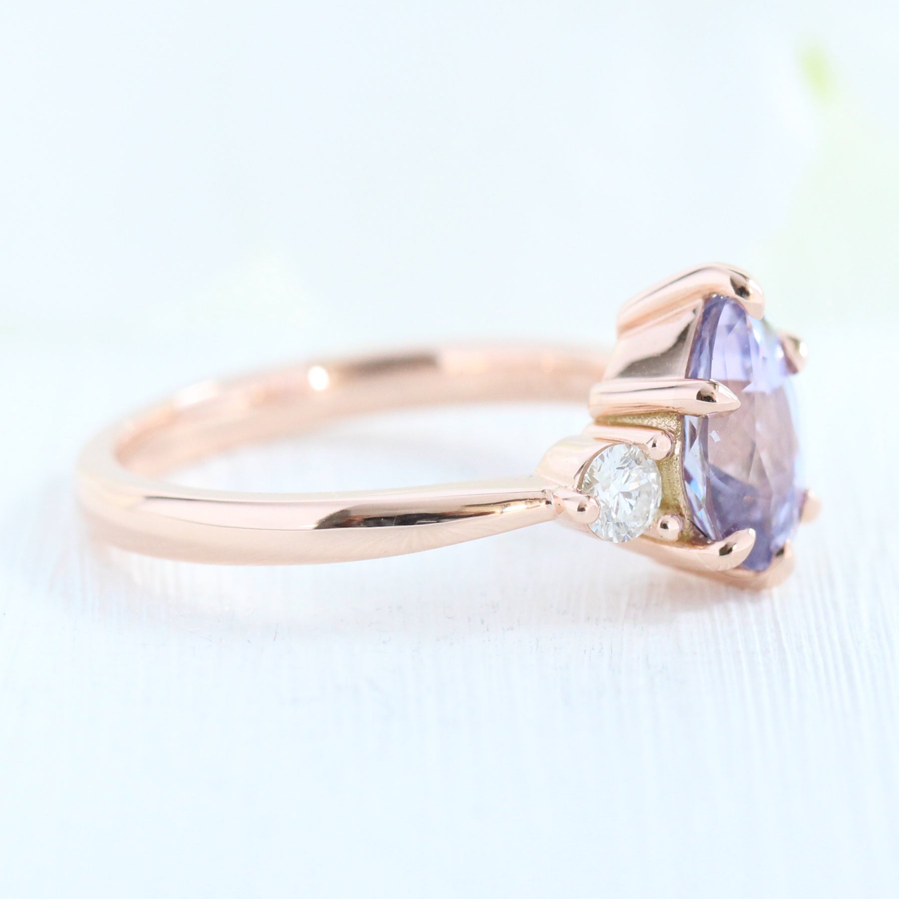 Pear lavender sapphire engagement ring rose gold 3 stone diamond ring la more design jewelry