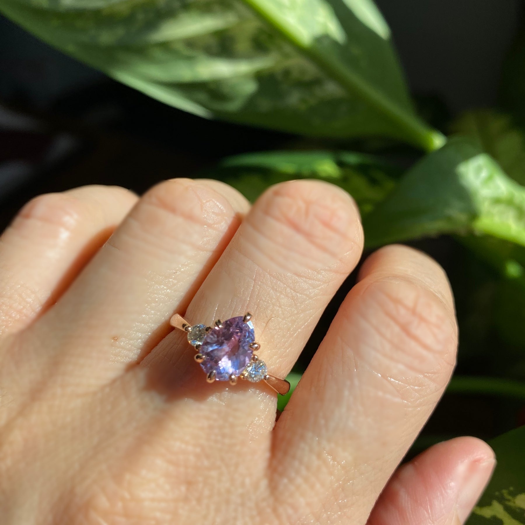 Pear lavender sapphire engagement ring rose gold 3 stone diamond ring la more design jewelry