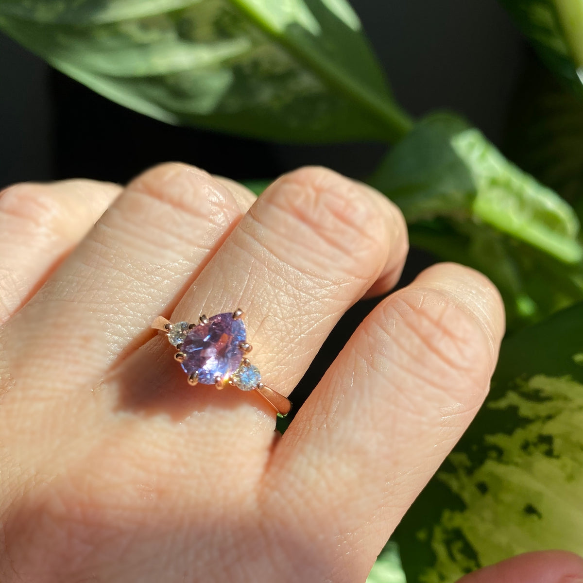 Pear lavender sapphire engagement ring rose gold 3 stone diamond ring la more design jewelry