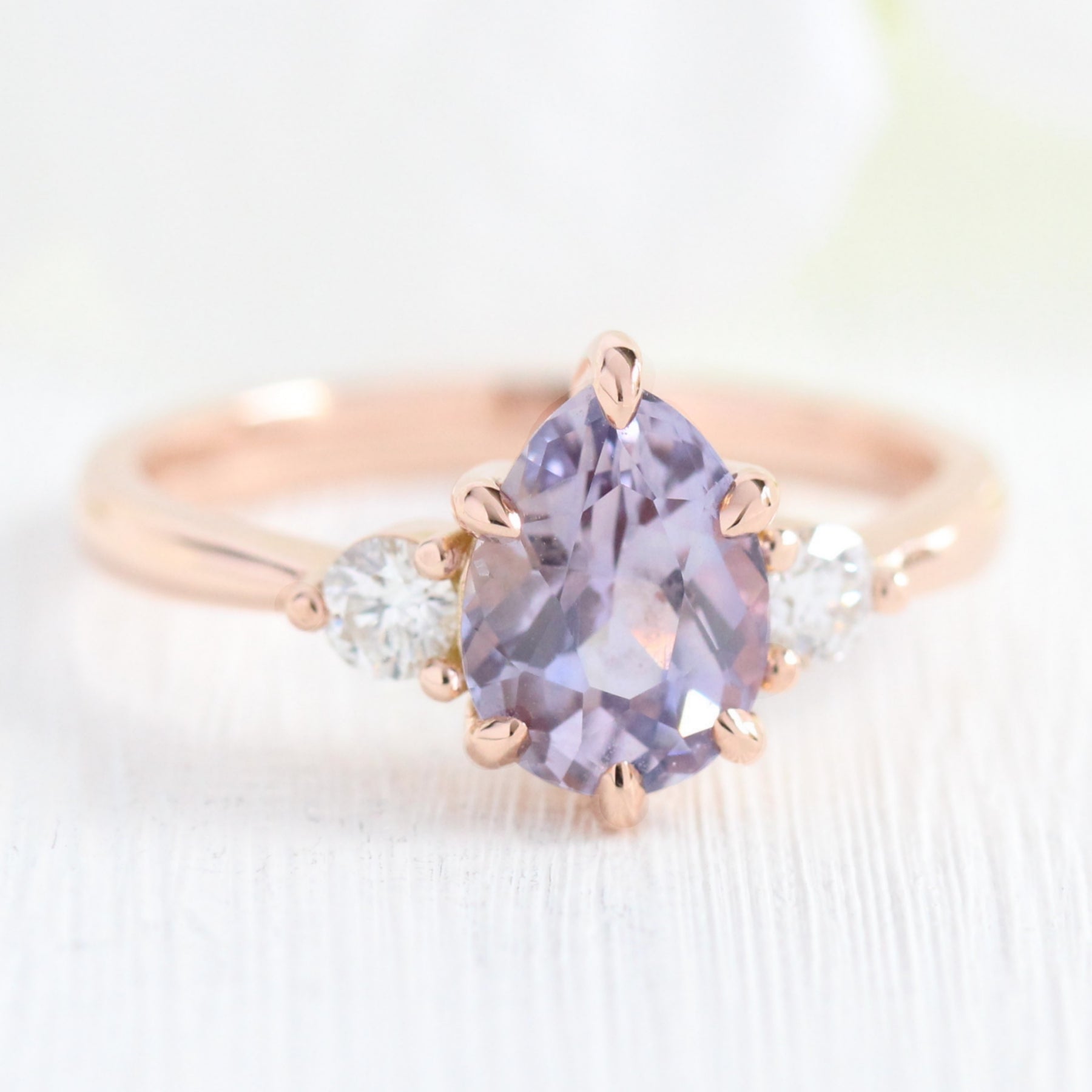 Pear lavender sapphire engagement ring rose gold 3 stone diamond ring la more design jewelry