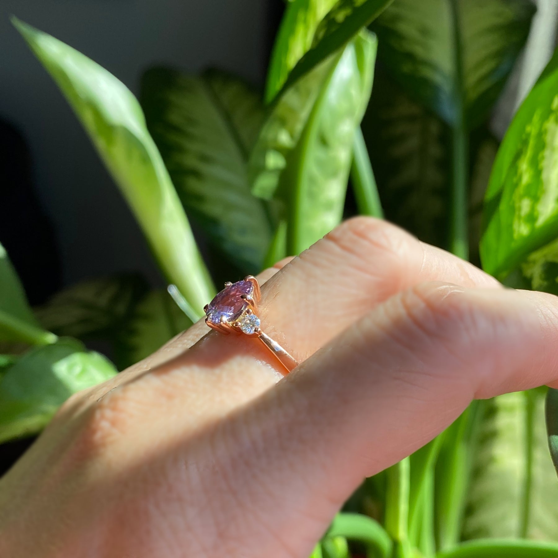 Pear lavender sapphire engagement ring rose gold 3 stone diamond ring la more design jewelry