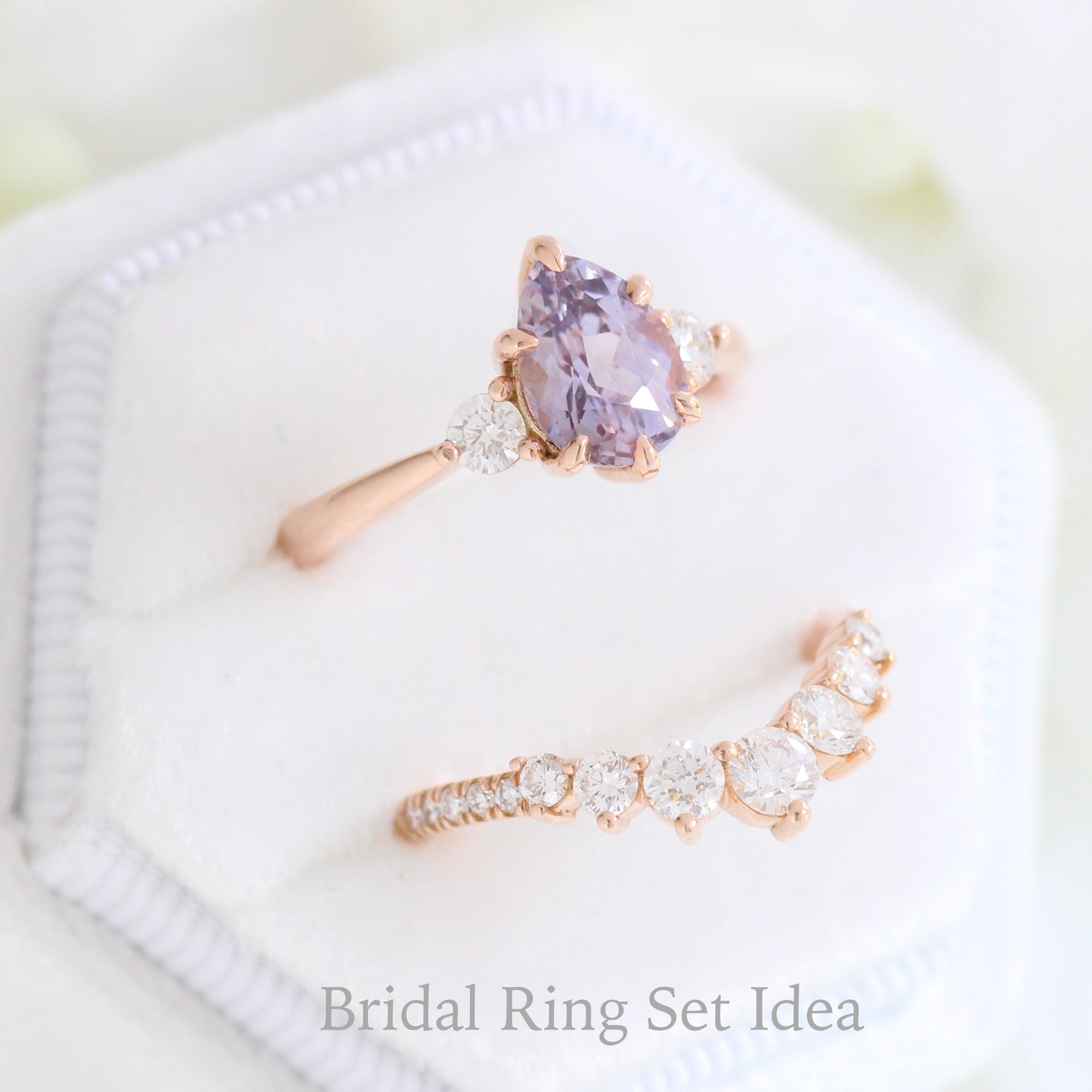 Pear lavender sapphire engagement ring rose gold 3 stone diamond ring la more design jewelry