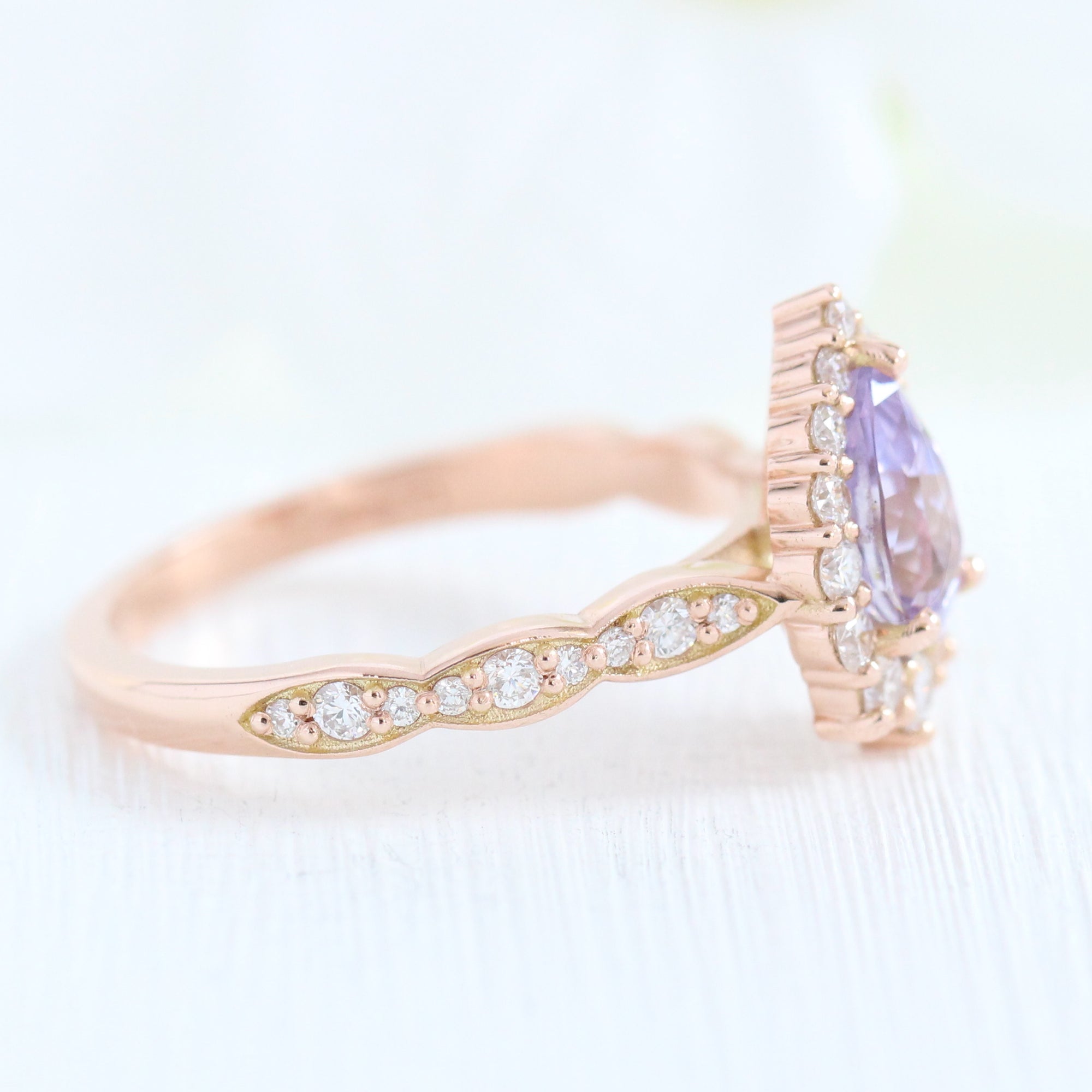 Pear lavender sapphire engagement ring rose gold tiara halo diamond ring la more design jewelry