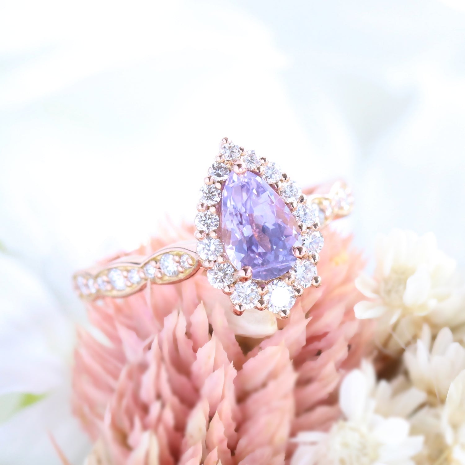Pear lavender sapphire engagement ring rose gold tiara halo diamond ring la more design jewelry