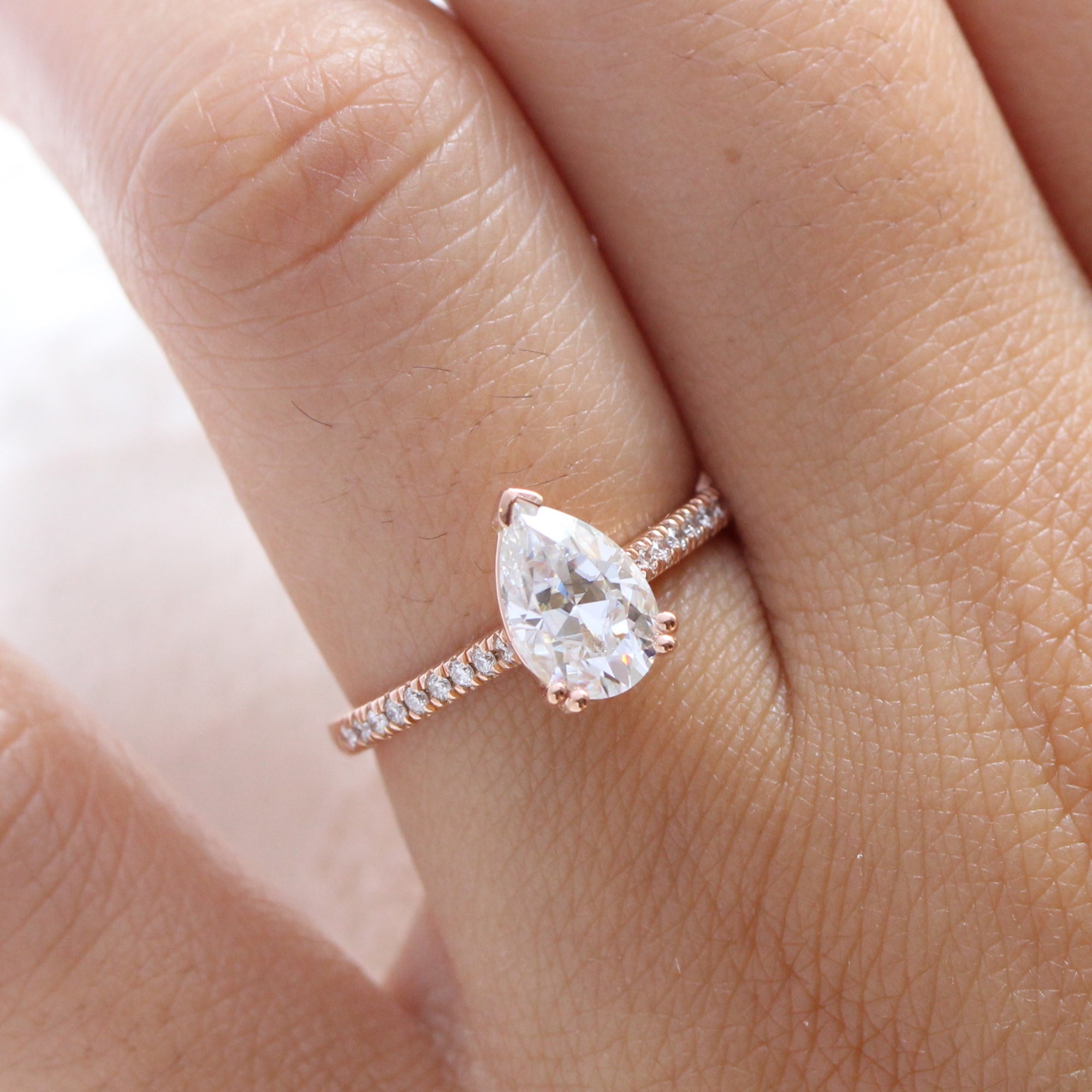 Pear moissanite diamond engagement ring rose gold solitaire ring la more design jewelry