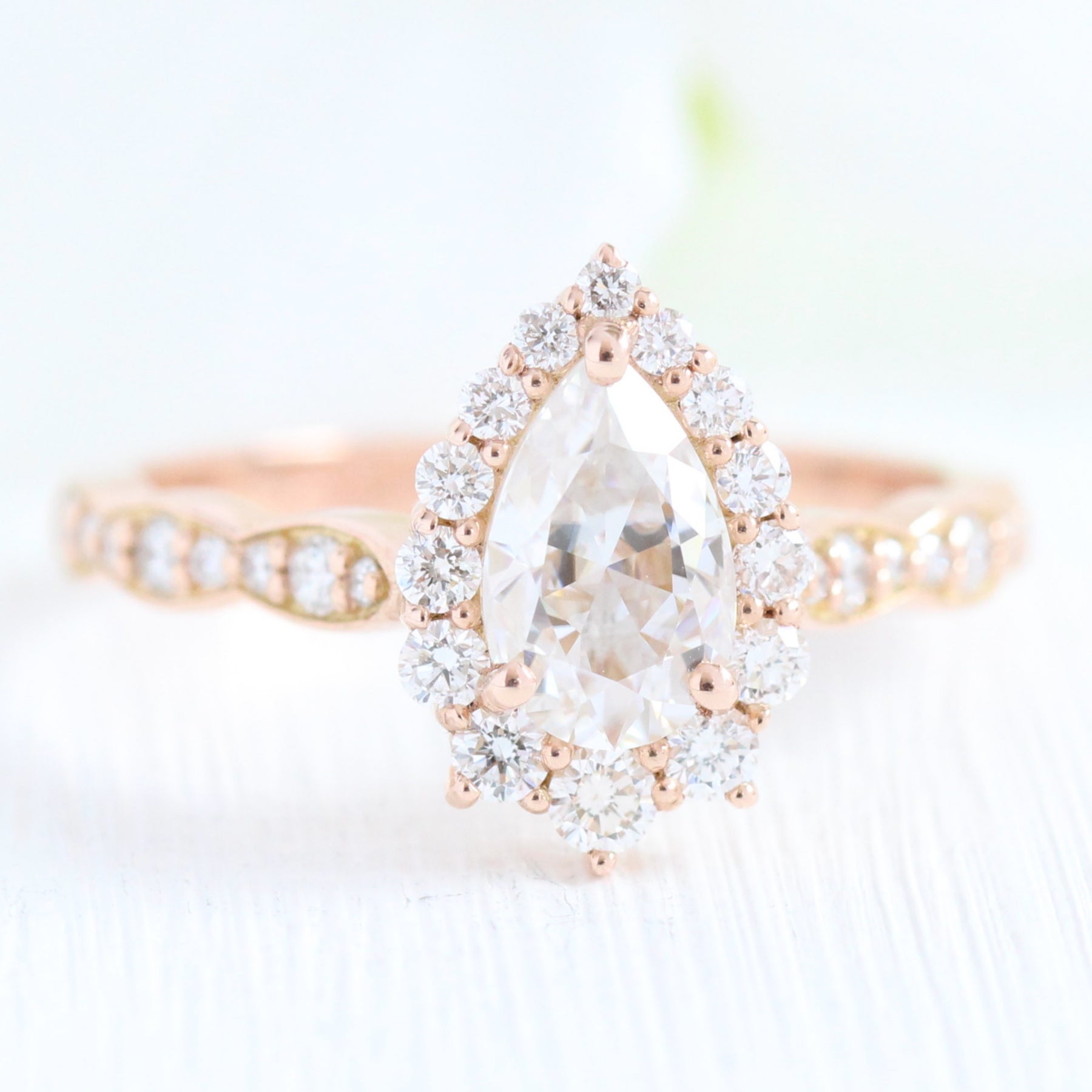 Pear moissanite engagement ring rose gold halo diamond ring la more design jewelry