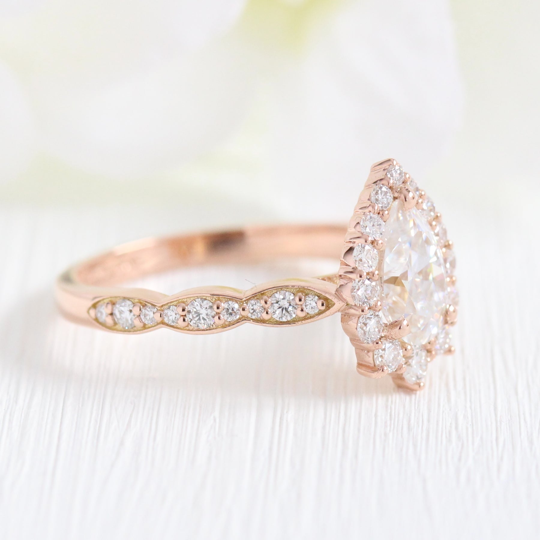 Pear moissanite engagement ring rose gold halo diamond ring la more design jewelry
