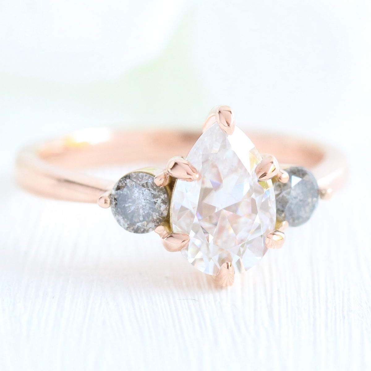 Pear moissanite ring rose gold salt and pepper diamond 3 stone ring La More Design Jewelry