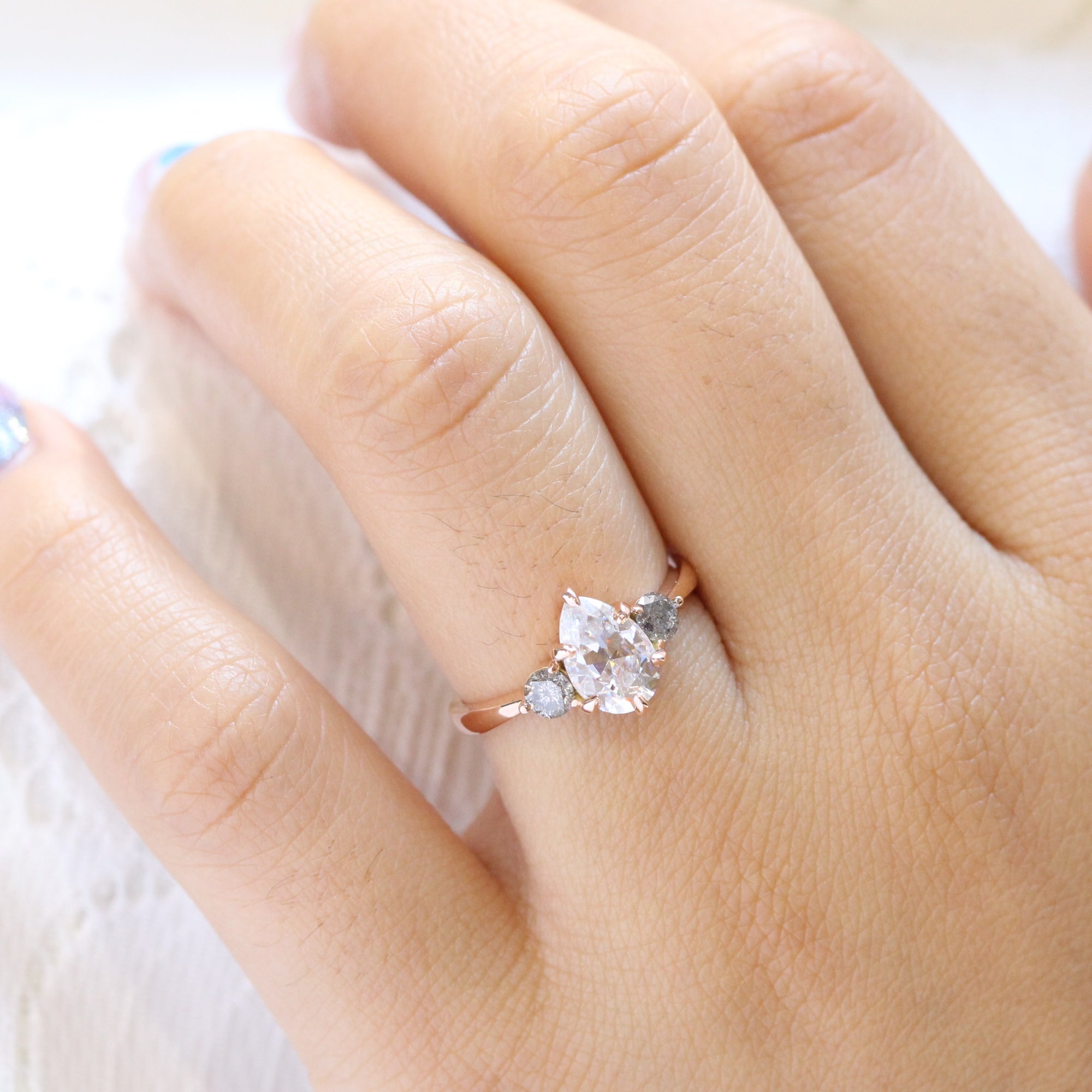 Pear moissanite ring rose gold salt and pepper diamond 3 stone ring La More Design Jewelry