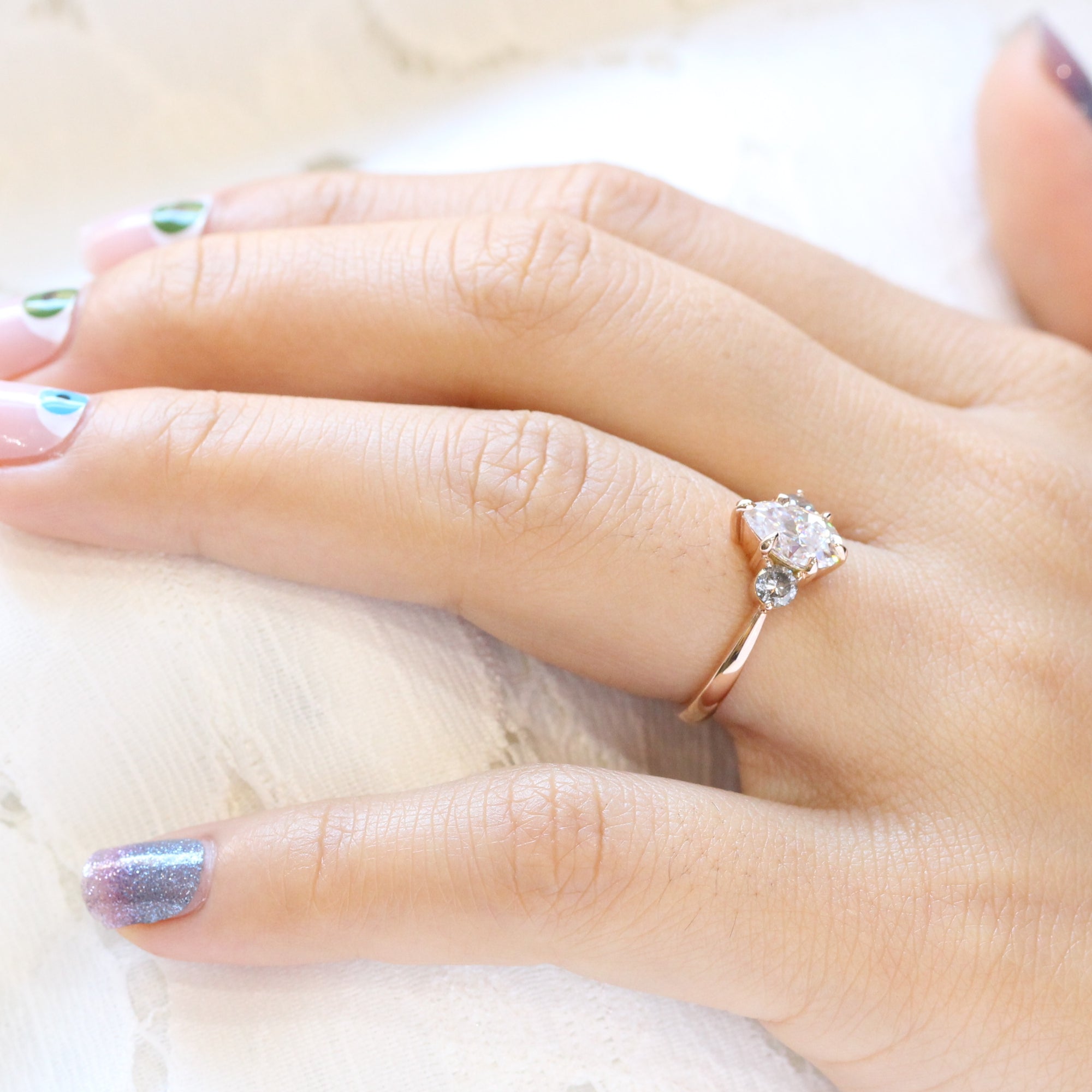 Pear moissanite ring rose gold salt and pepper diamond 3 stone ring La More Design Jewelry