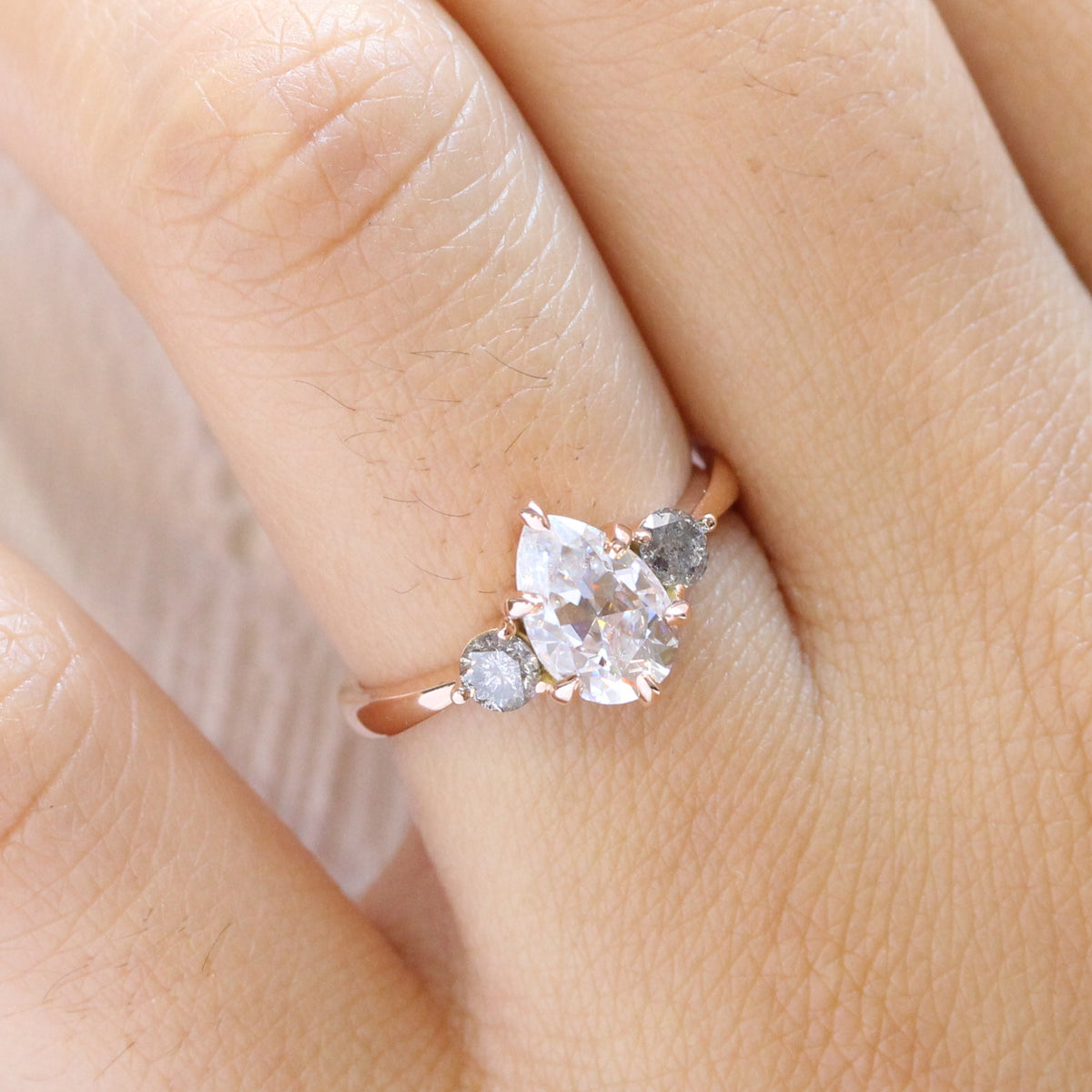 Pear moissanite ring rose gold salt and pepper diamond 3 stone ring La More Design Jewelry
