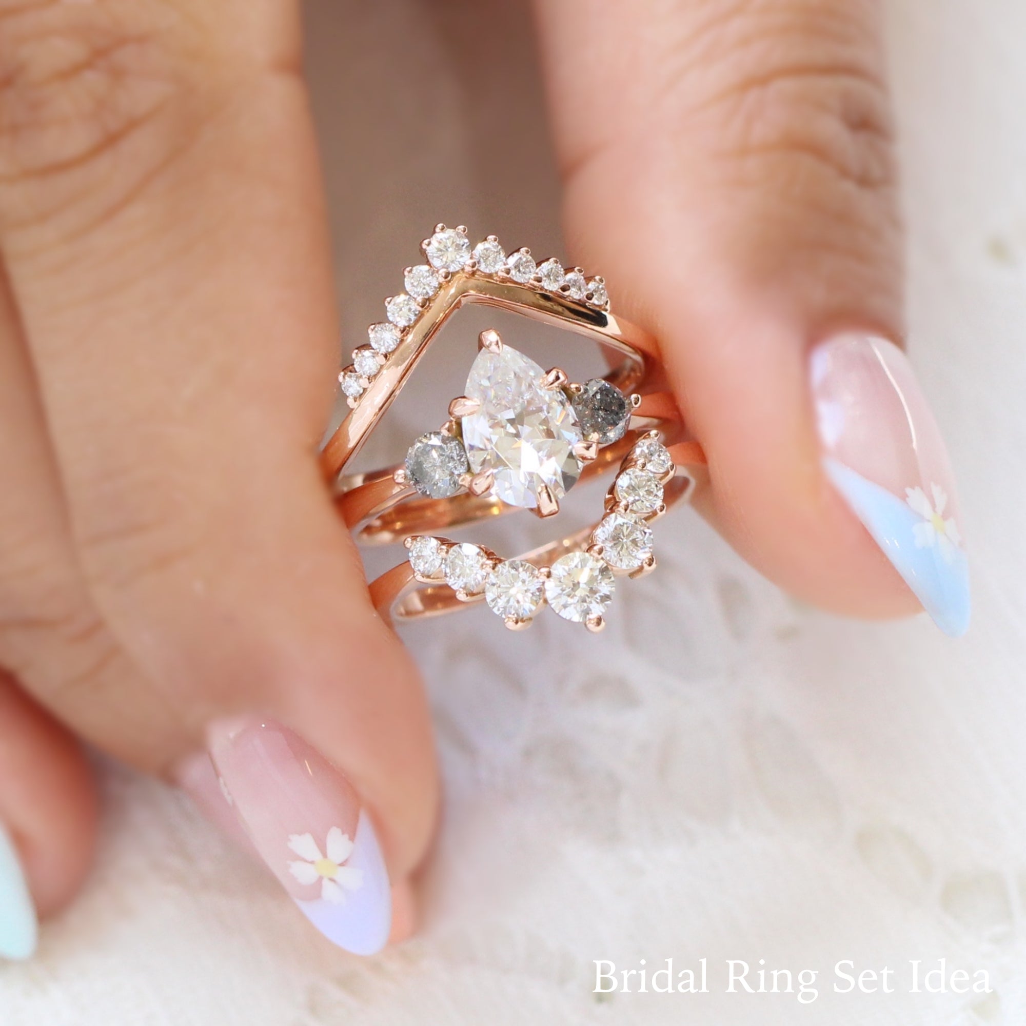 Pear moissanite ring rose gold salt and pepper diamond 3 stone ring stack La More Design Jewelry