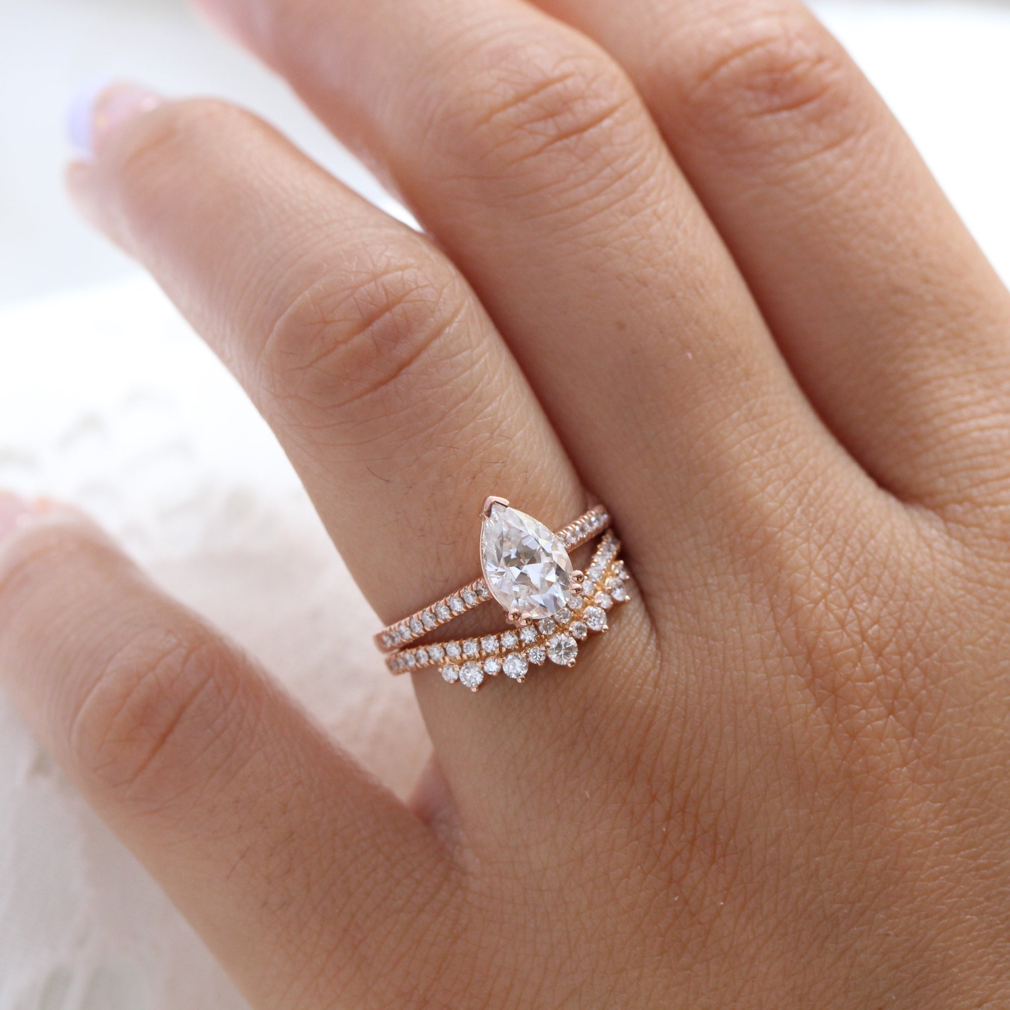 Pear moissanite solitaire ring rose gold crown diamond wedding ring set la more design jewelry