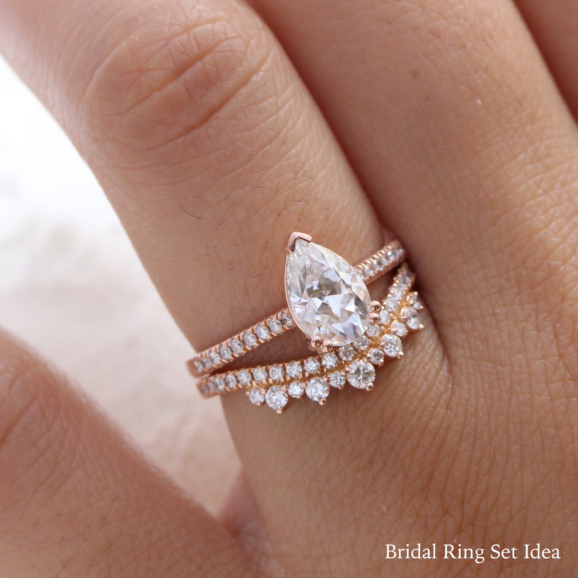 Pear moissanite solitaire ring rose gold crown diamond wedding ring set la more design jewelry