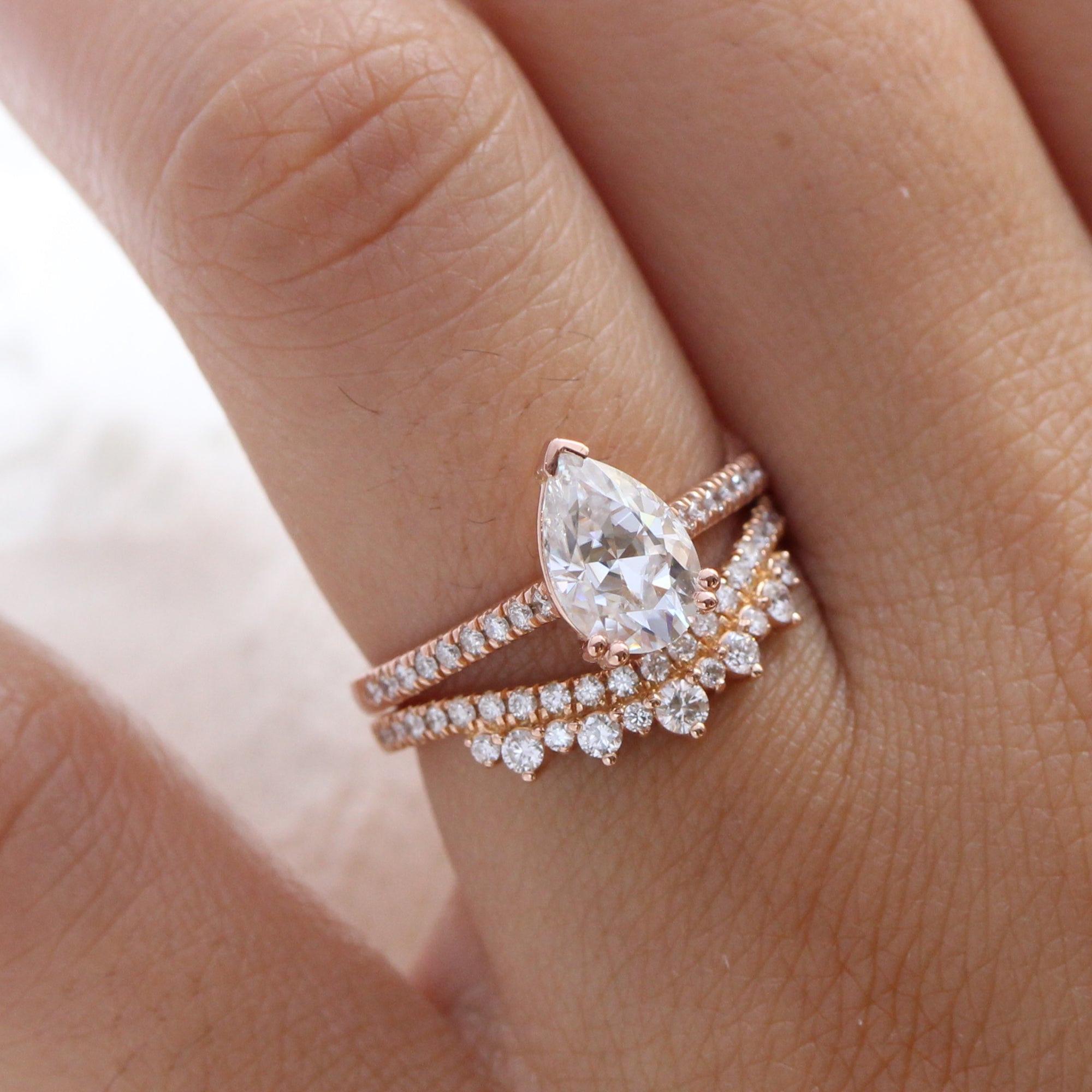 Pear moissanite solitaire ring rose gold crown diamond wedding ring set la more design jewelry