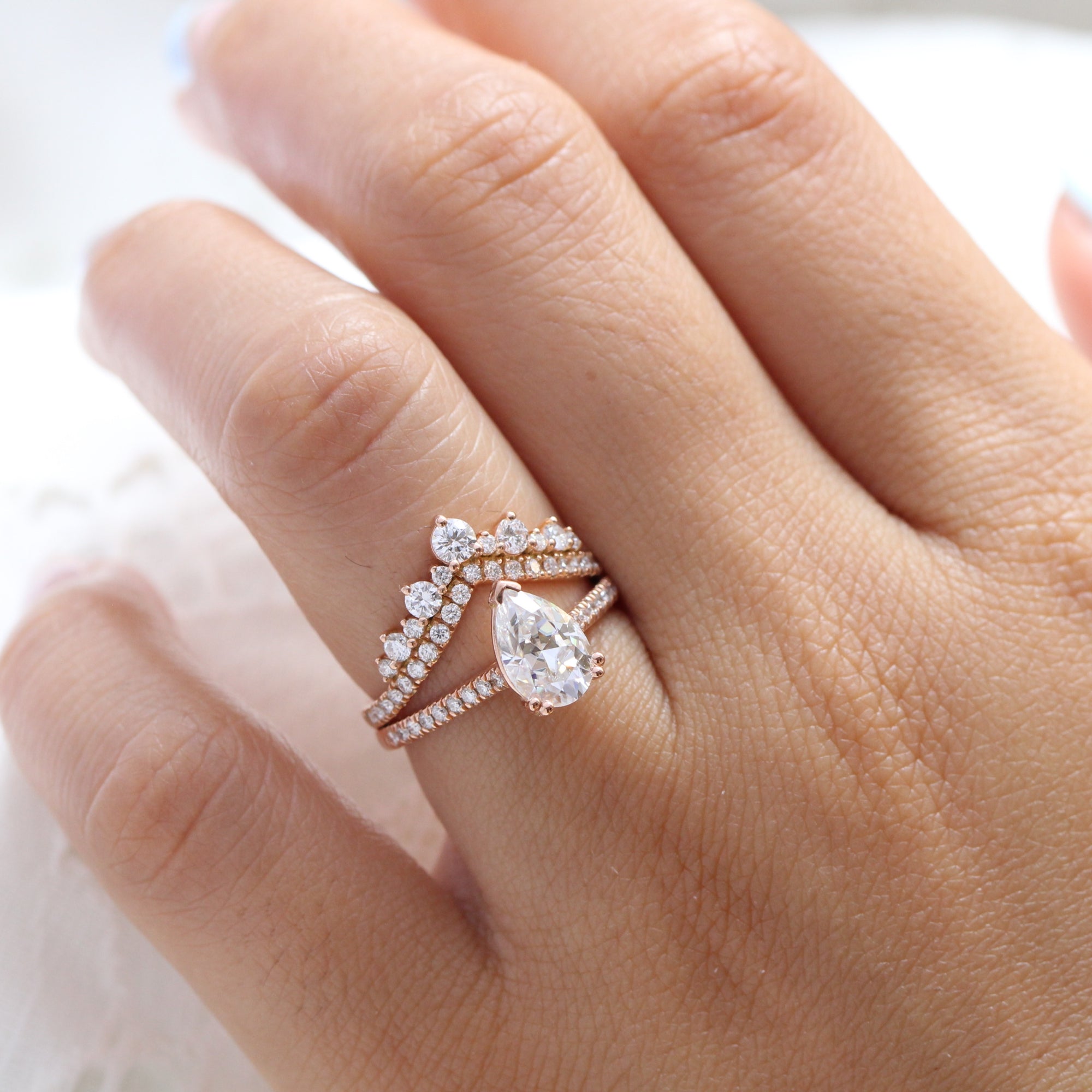 Pear moissanite solitaire ring rose gold large diamond wedding ring set la more design jewelry