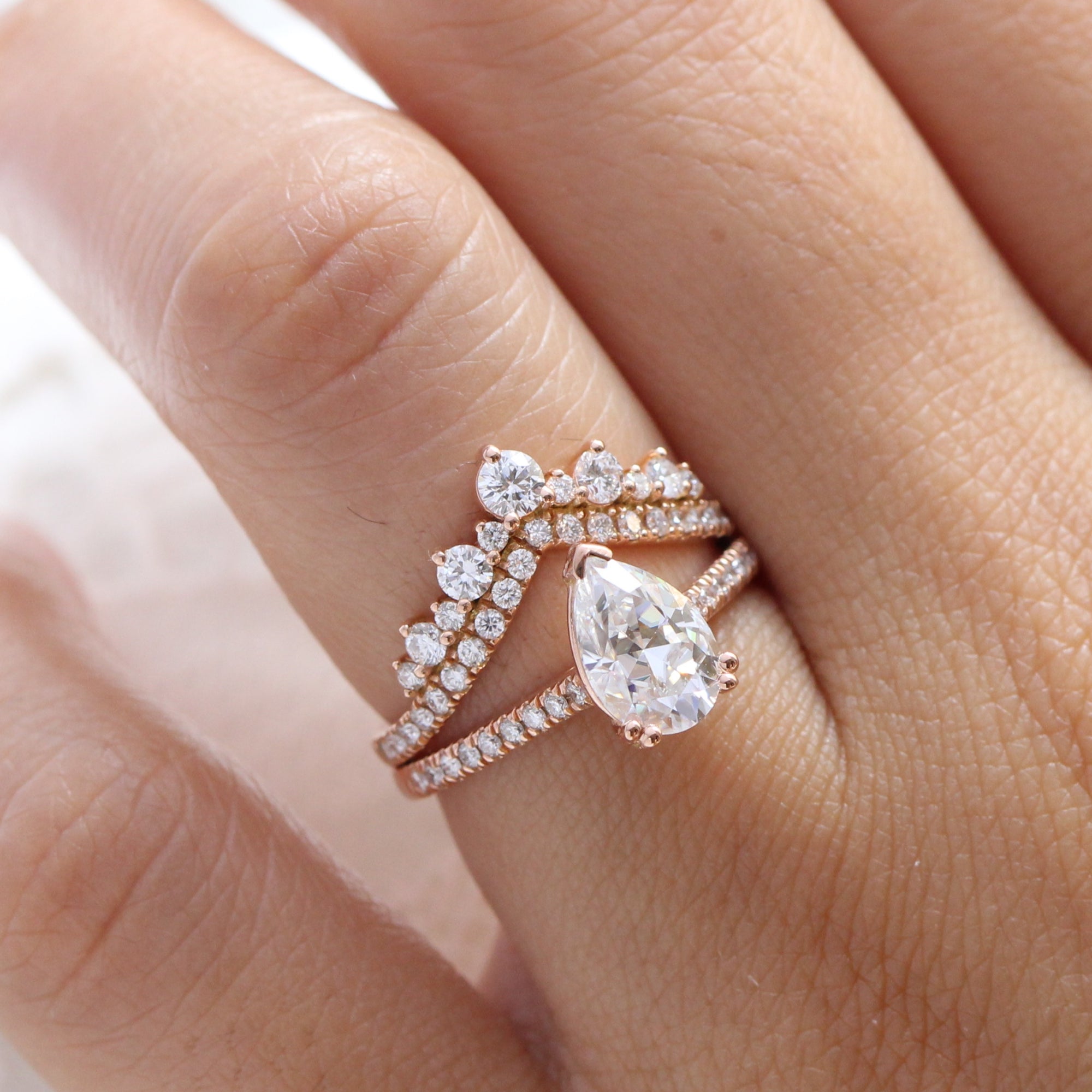 Pear moissanite solitaire ring rose gold large diamond wedding ring set la more design jewelry