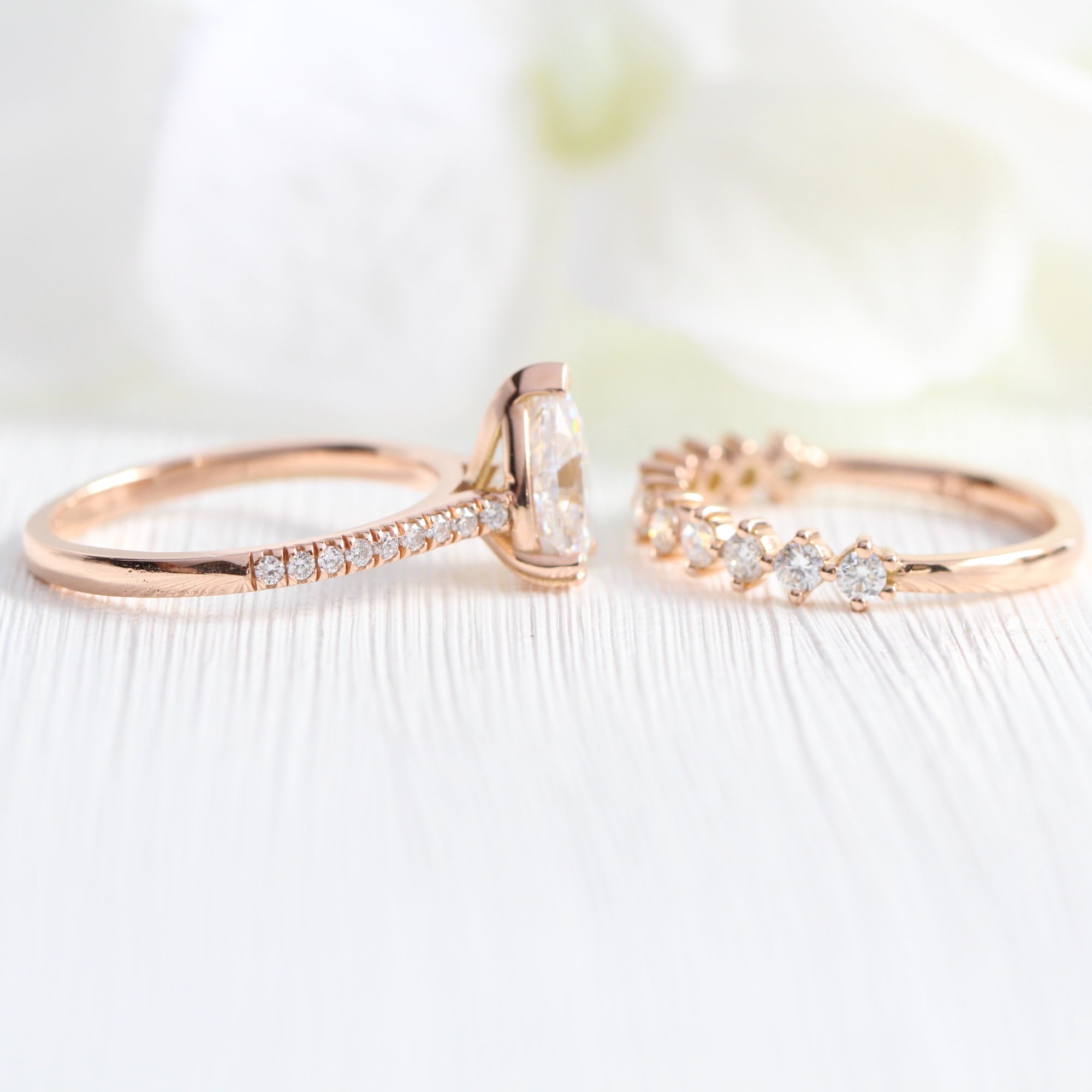 Pear moissanite solitaire ring rose gold matching diamond wedding ring set la more design jewelry