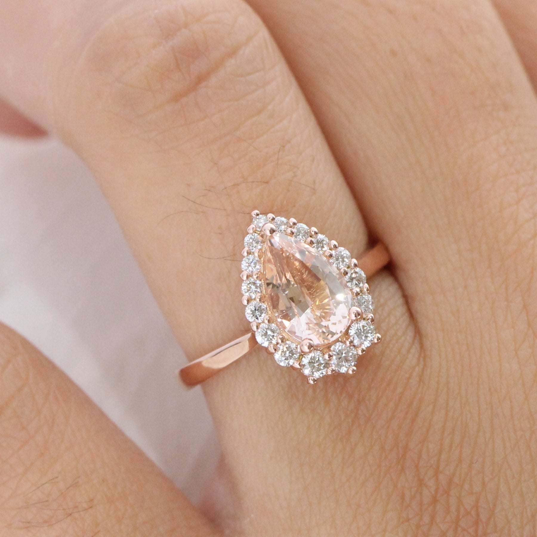 Pear morganite ring rose gold halo diamond engagement ring la more design jewelry