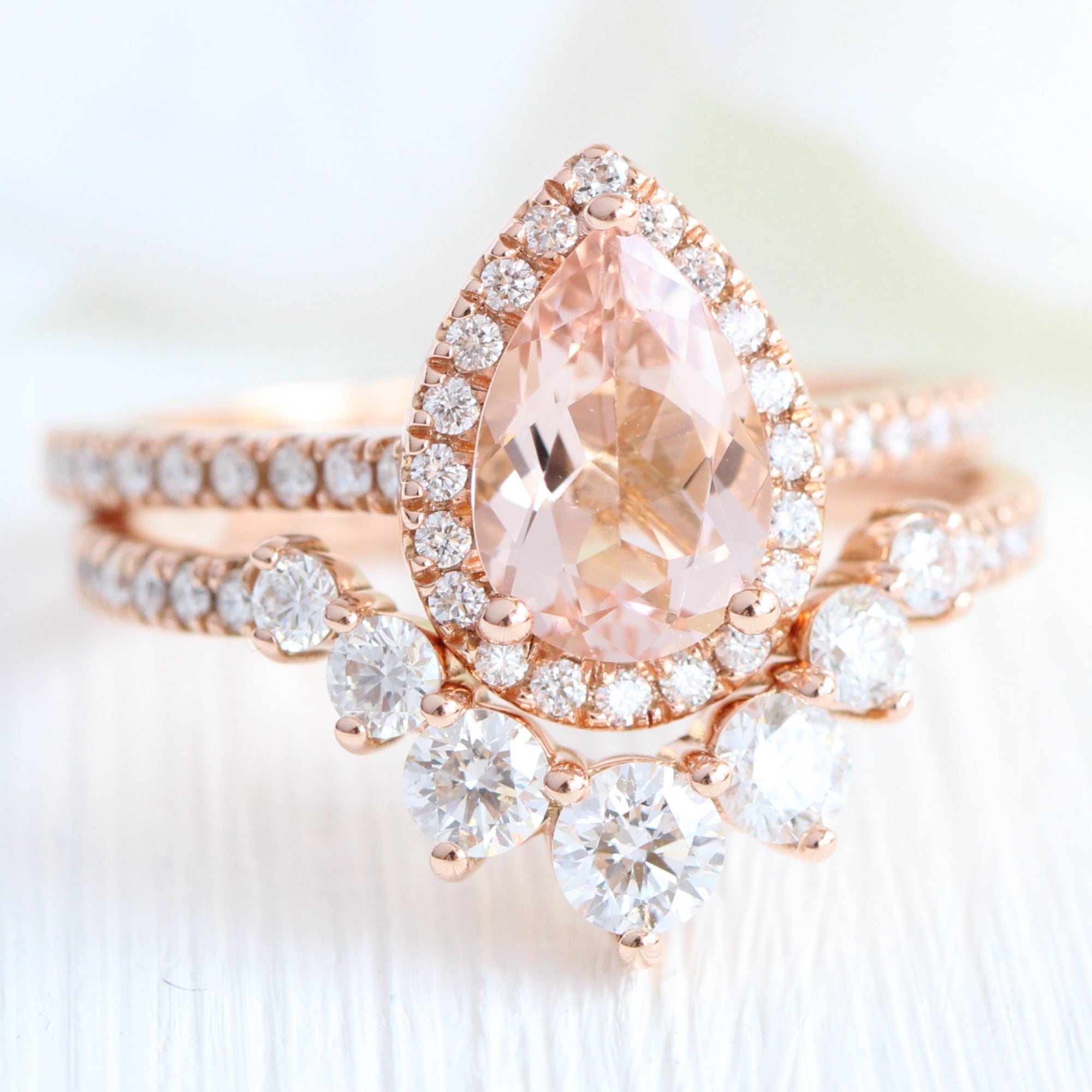 Pear morganite ring stack rose gold curved diamond wedding ring set la more design jewelry